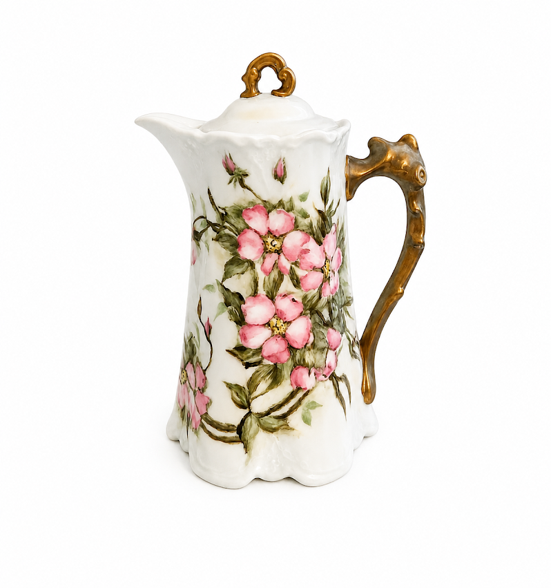 Vintage Hand-Painted Floral Porcelain Coffee Pot / Chocolate Pot with Gilt Handles – 8"