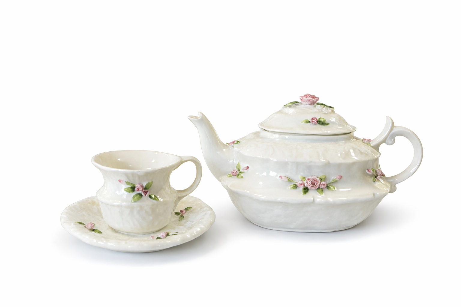 Vintage Fine Bone China Teapot & Matching Teacup Set – Hand-Applied Pink Rose Porcelain Tea Set