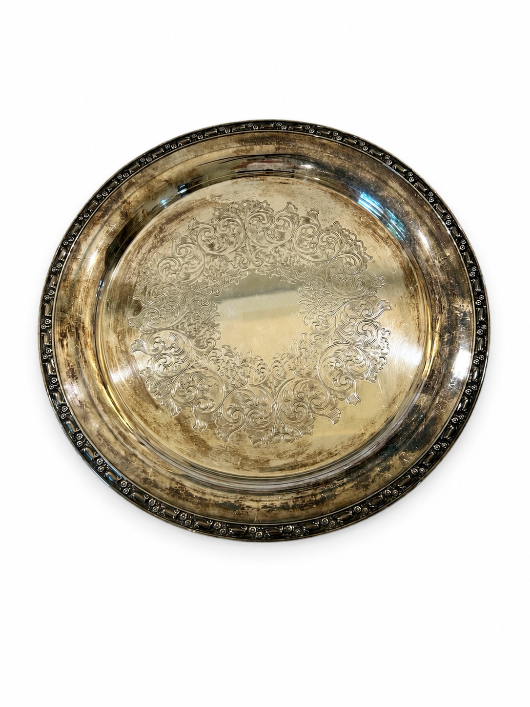 Vintage Silver-Plated Engraved Serving Tray – 15" Round