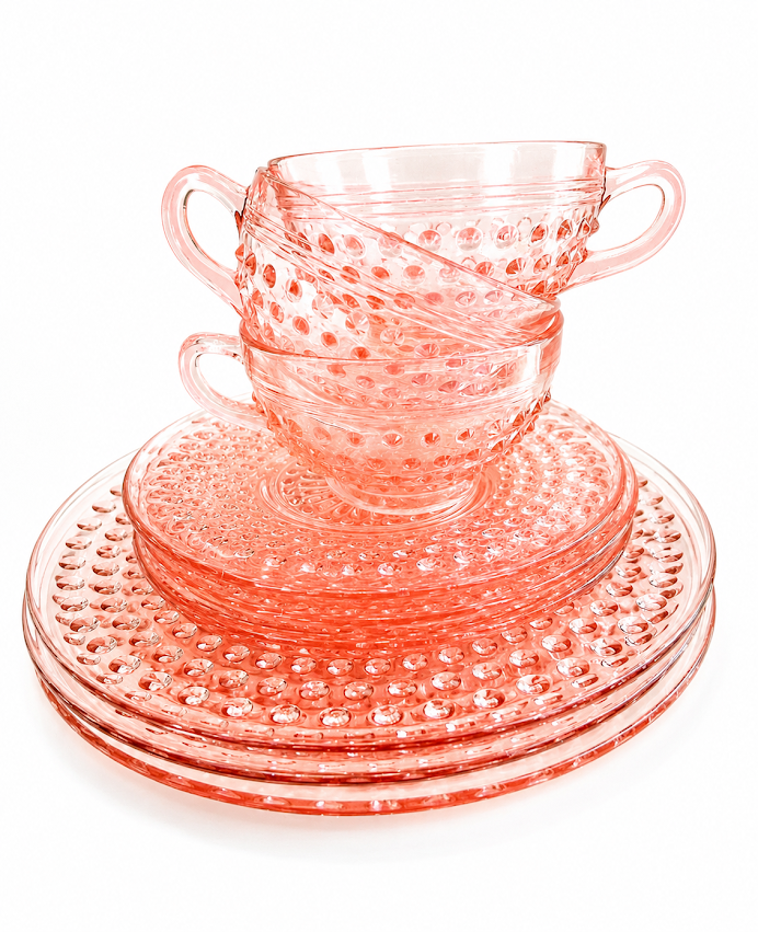 Vintage Pink Depression Glass Tea Set – 9 Piece Matching Set (3 Cups, 3 Saucers & 3 Plates)
