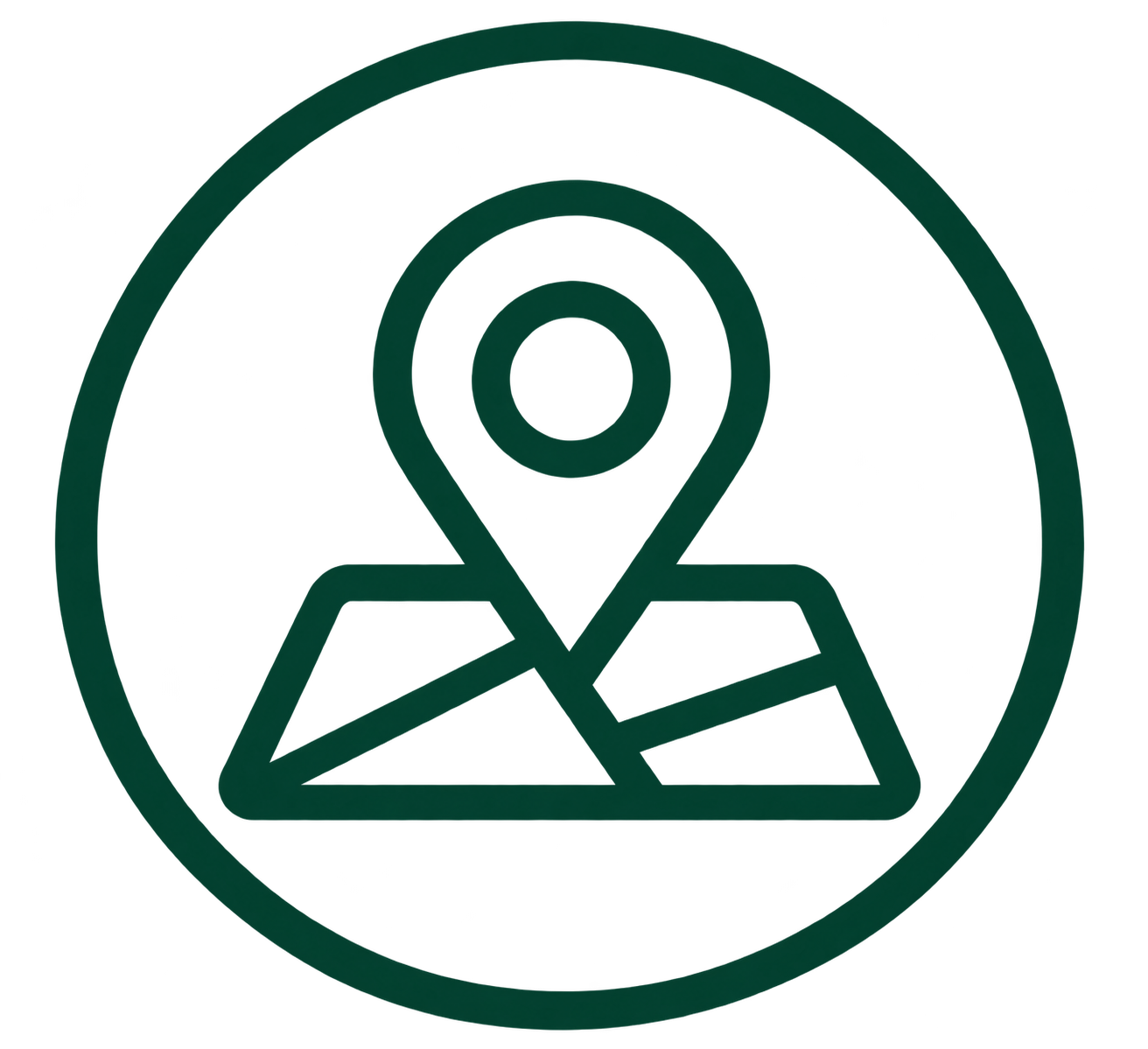 Dark green map pin and map icon representing local knowledge across England.