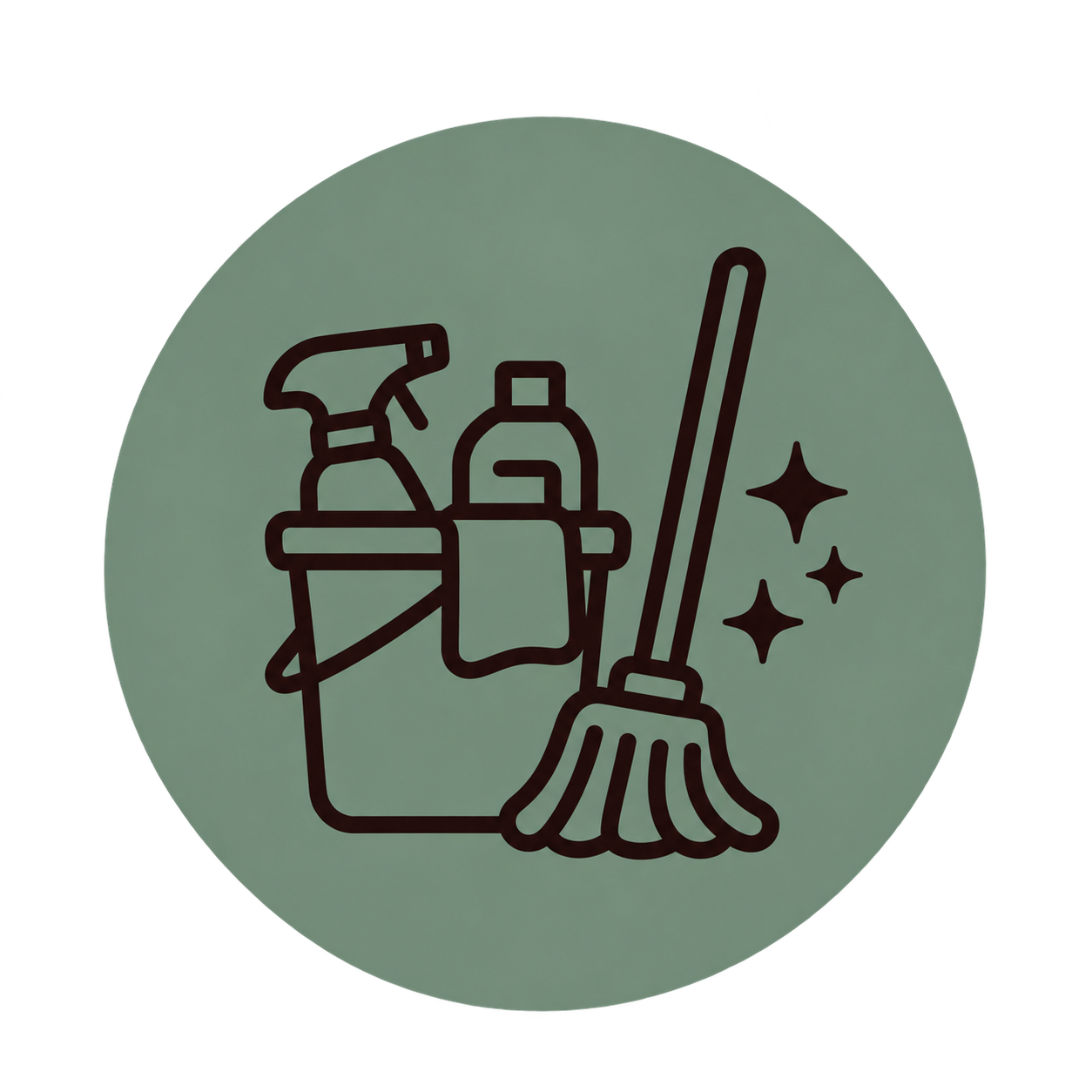 Line drawing of cleaning supplies including a spray bottle, a bottle, a jar, a mop, and sparkles to indicate cleanliness.