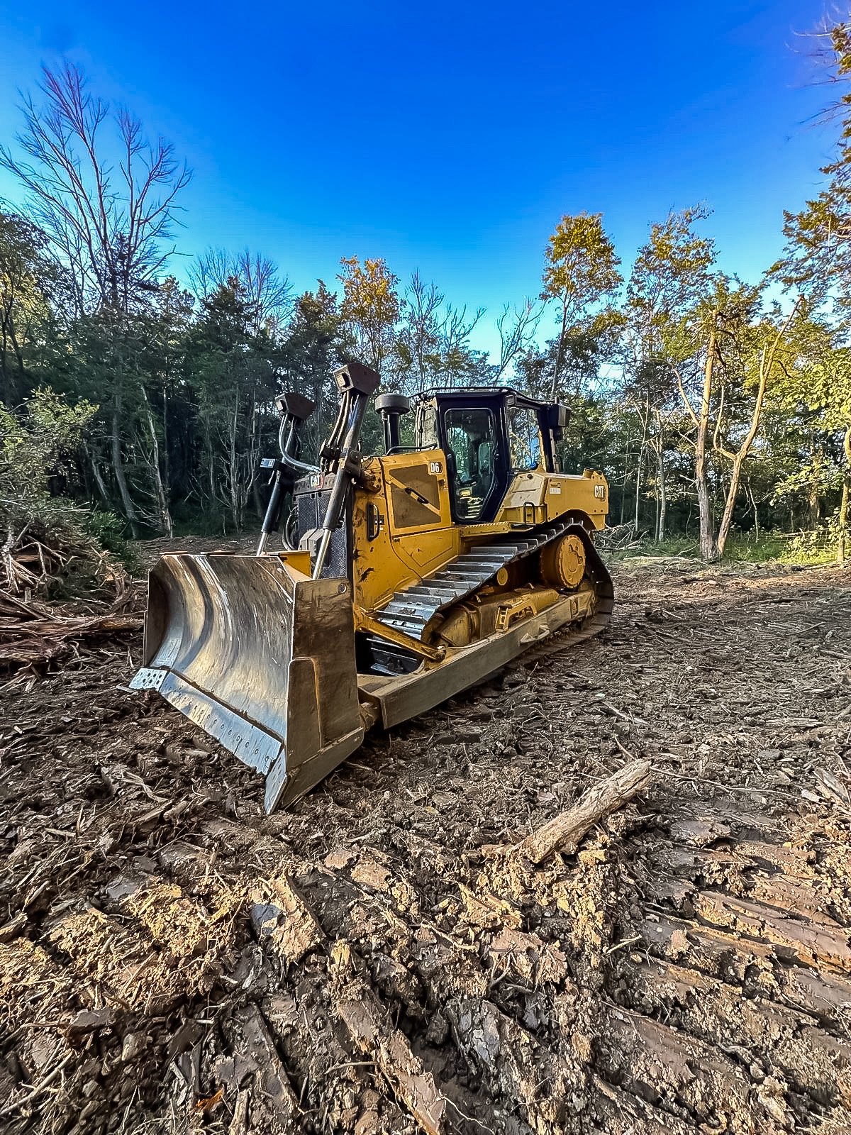 A yellow bulldozer on dirt ground at a forest clearing under a bright blue sky.