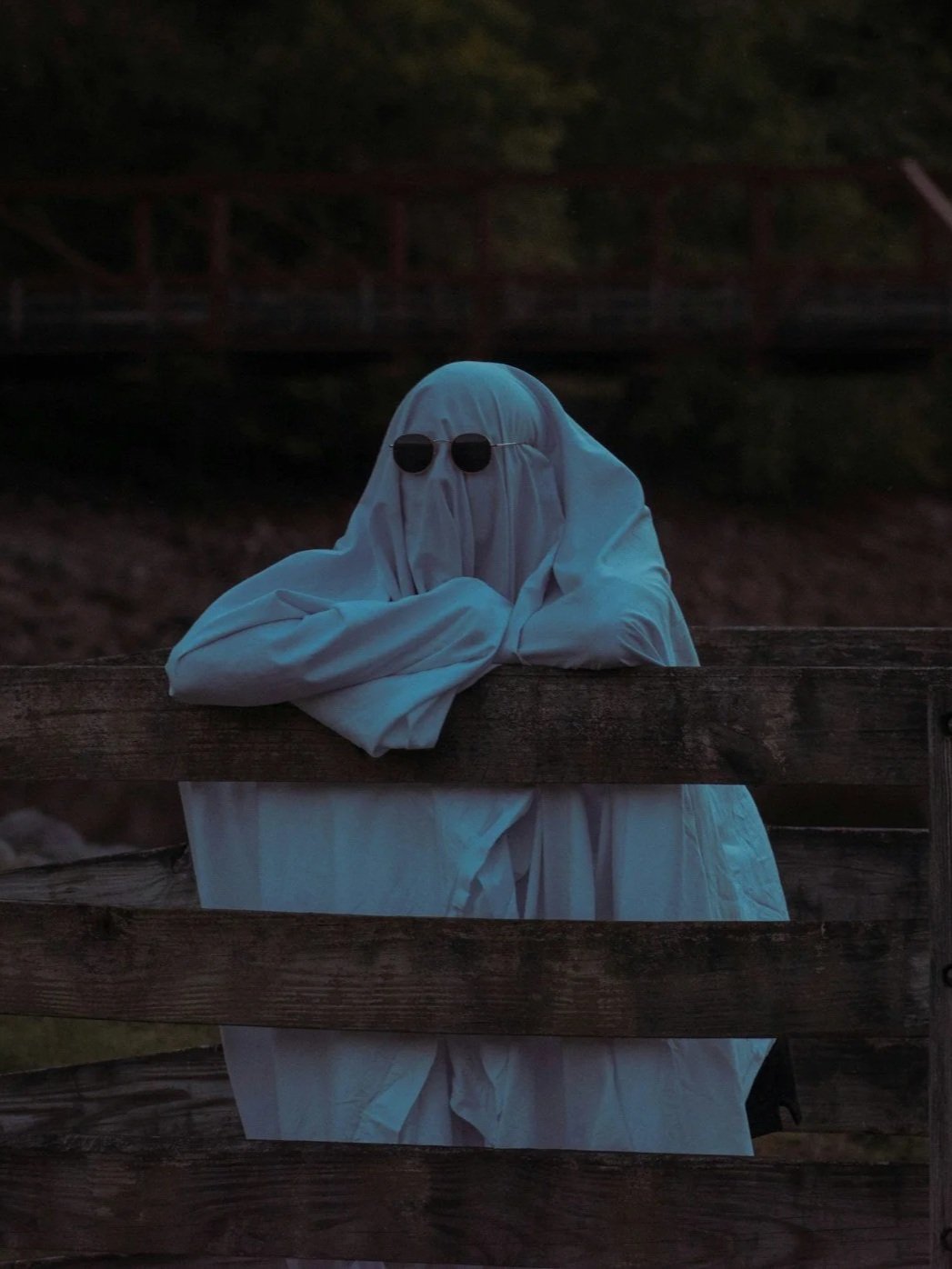 A figure dressed as a ghost wearing sunglasses, leaning on a wooden railing during twilight, with trees and a bridge in the background.