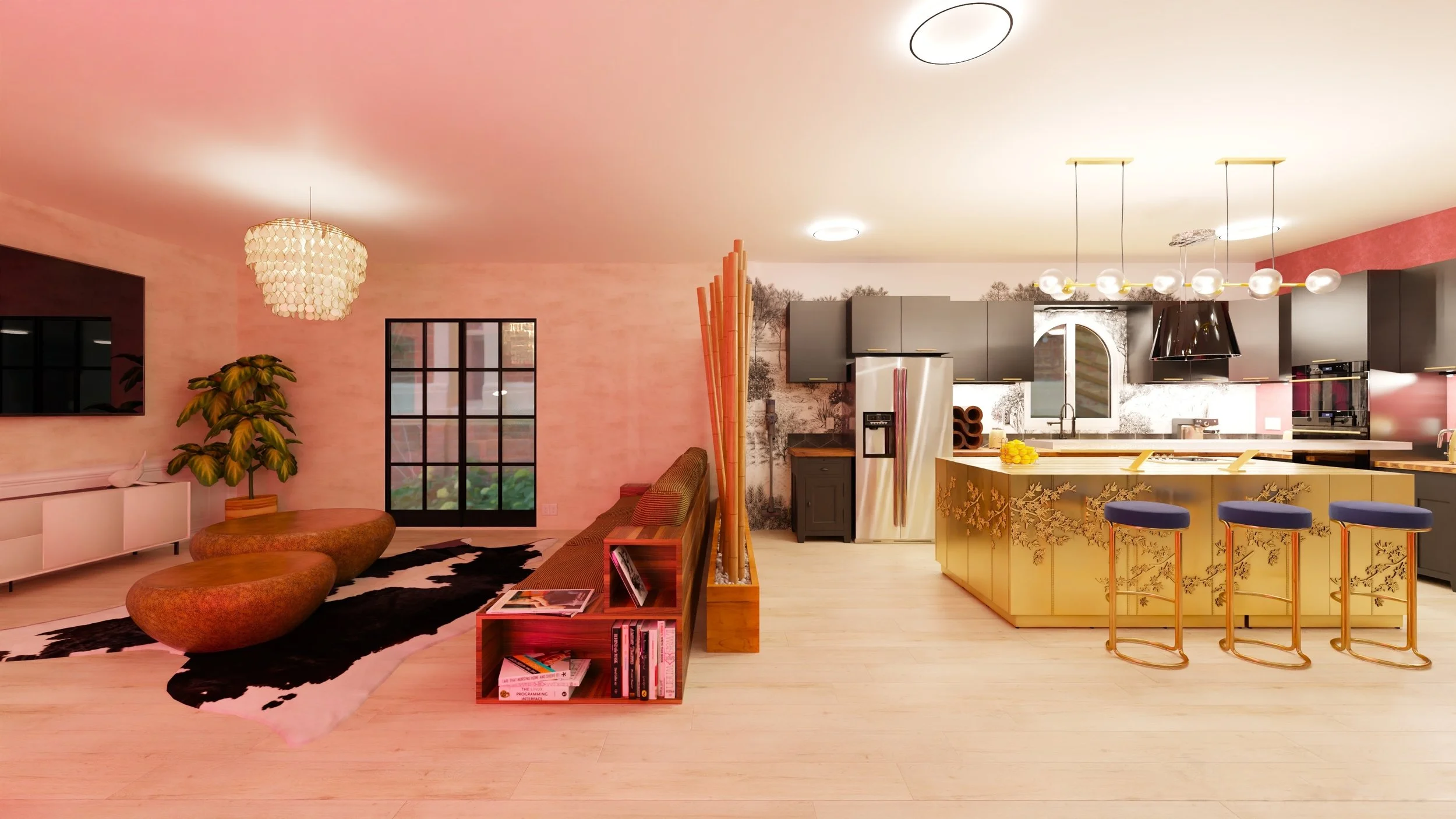 Le salon et la cuisine (de nuit) 