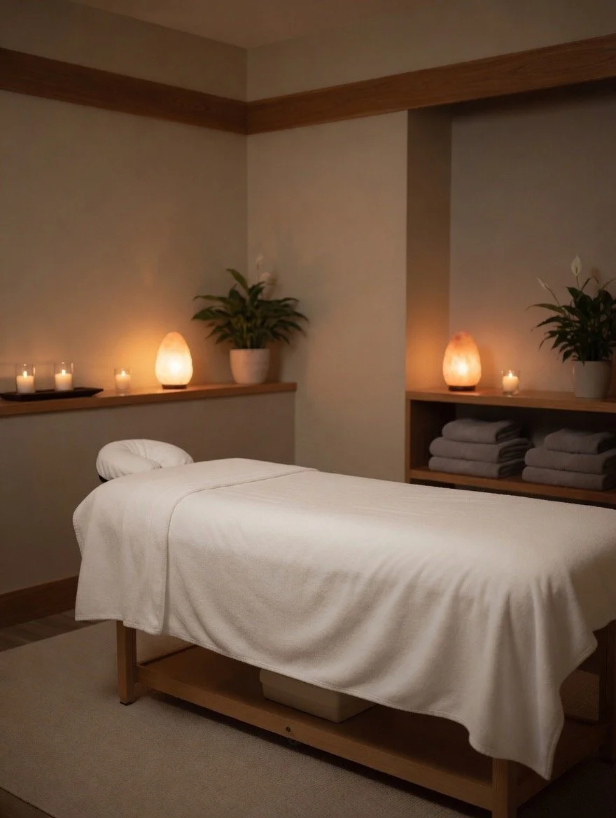 A massage room with a massage table draped in white sheets, lit by candles and salt lamps, and decorated with potted plants and neatly folded towels.