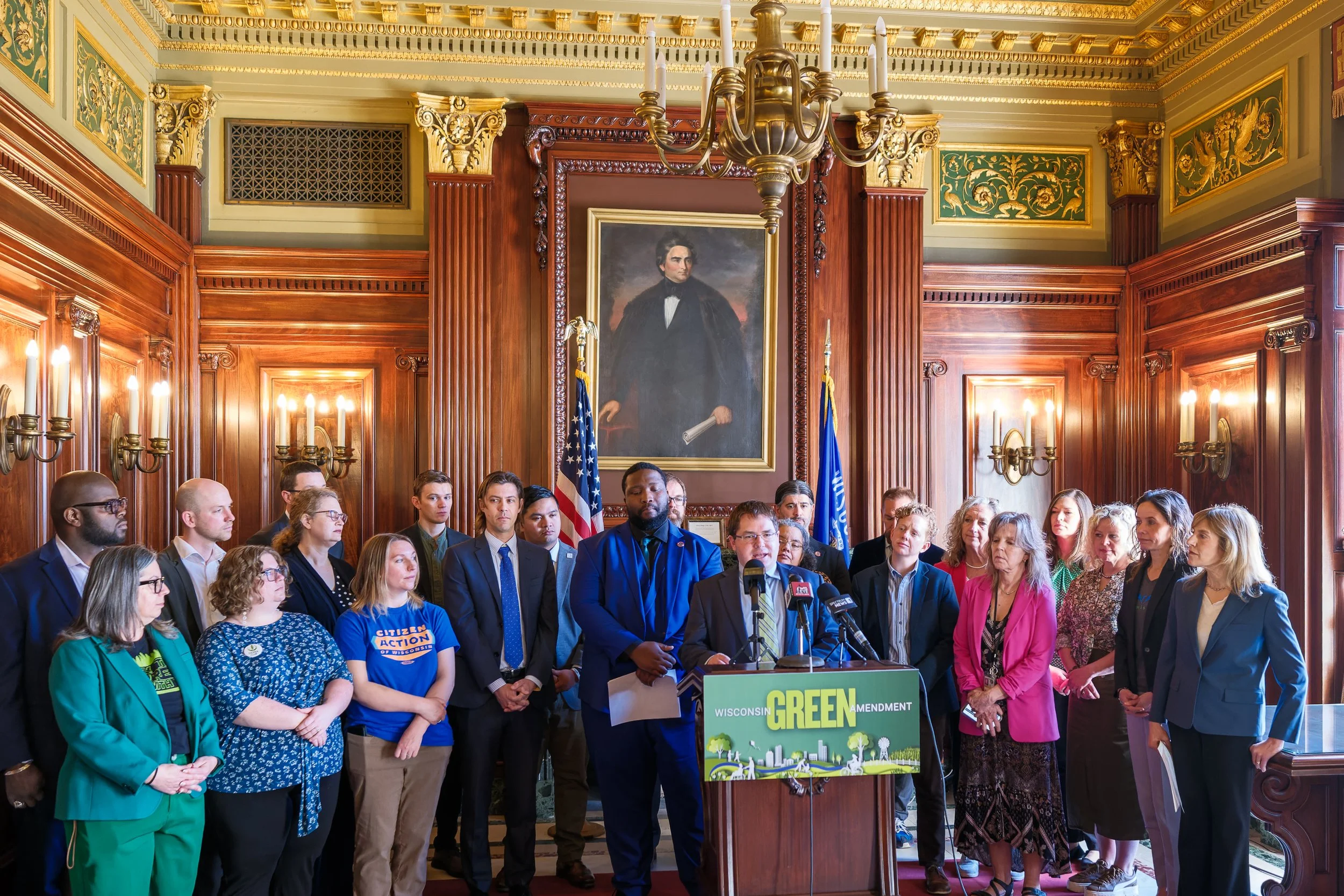 State Senator Mark Spreitzer speaks at a press conference introducing the Wisconsin Green Amendment in 2025 in the Assembly Parlor of the Wisconsin State Capitol.