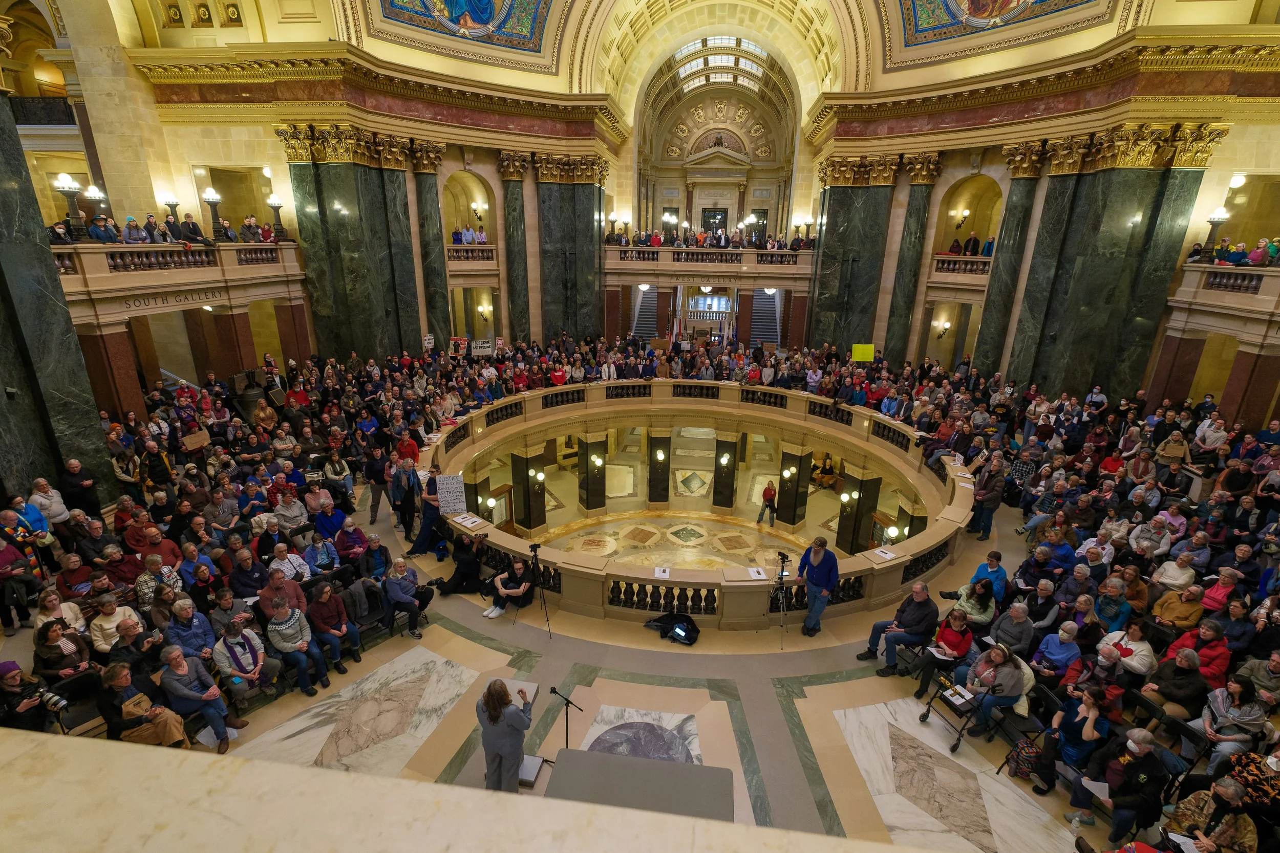State Senator Kelda Roys speaks to a rally of nurses in the rotunda of the Wisconsin State Capitol.