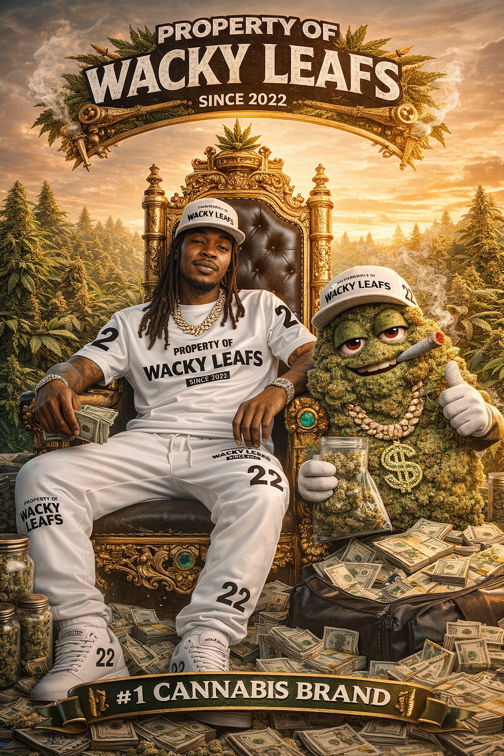 A man and a puppet sit on an elaborate golden throne surrounded by cannabis plants. Both wear white clothing and hats with 'WACKY LEAFS' branding, with the man holding money and the puppet holding a bag of cannabis. The background depicts a sunset sk
