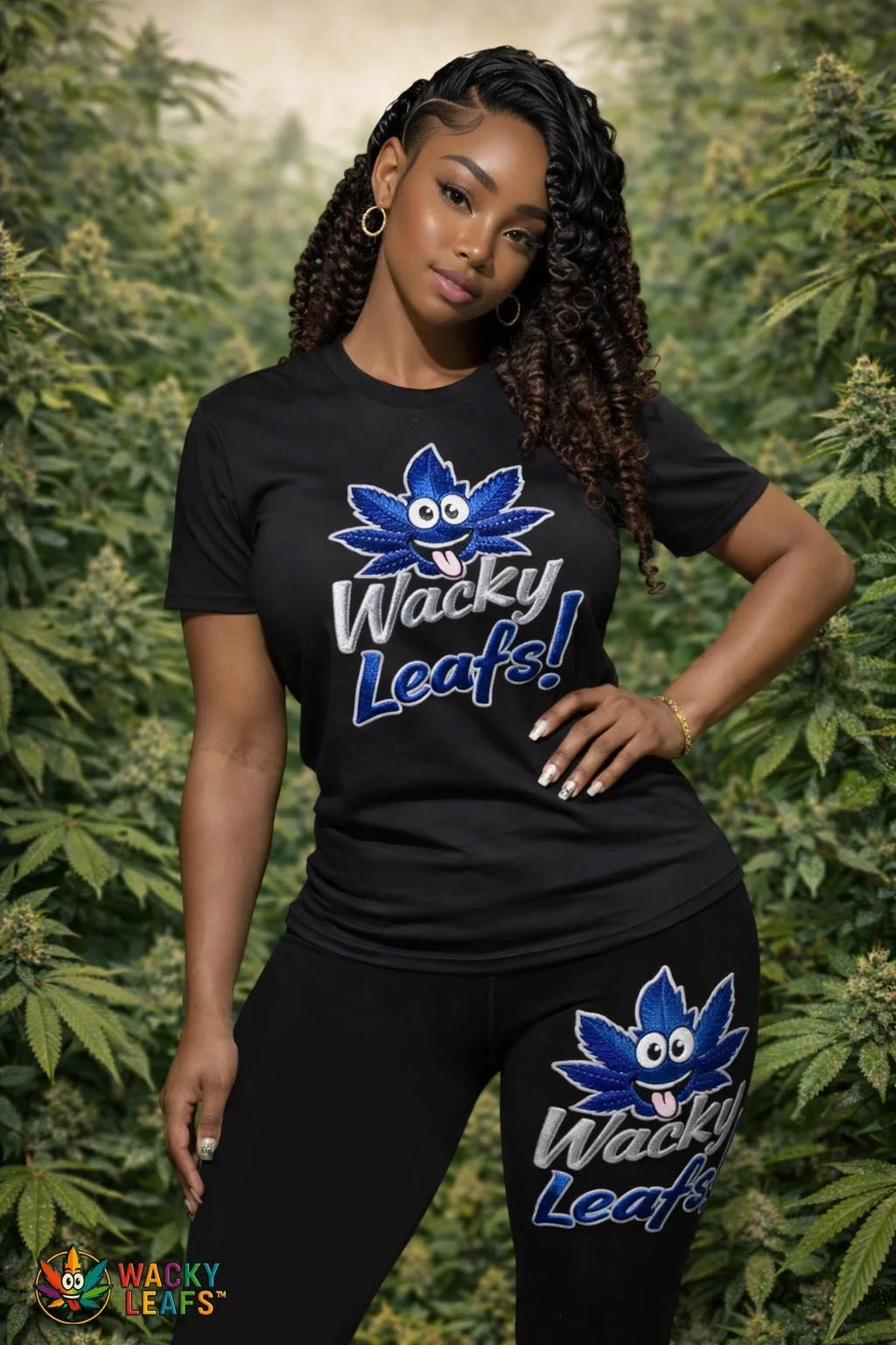 A woman standing in a cannabis grow field wearing a black t-shirt and pants with a blue cartoon leaf mascot and the phrase 'Wacky Leafs!' printed on both. The woman has long curly hair, hoop earrings, and a gold bracelet.