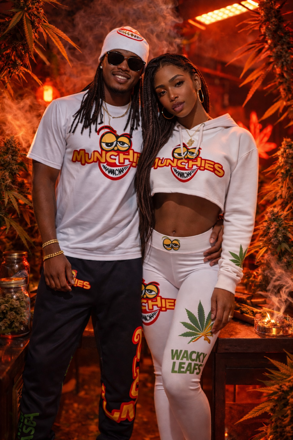 Two young adults standing together in a cannabis-themed setting with warm red and orange lighting, surrounded by cannabis plants. They are wearing matching white clothing with a cartoonish logo of a smiling face and the word "MUNCHHIES." The woman ha