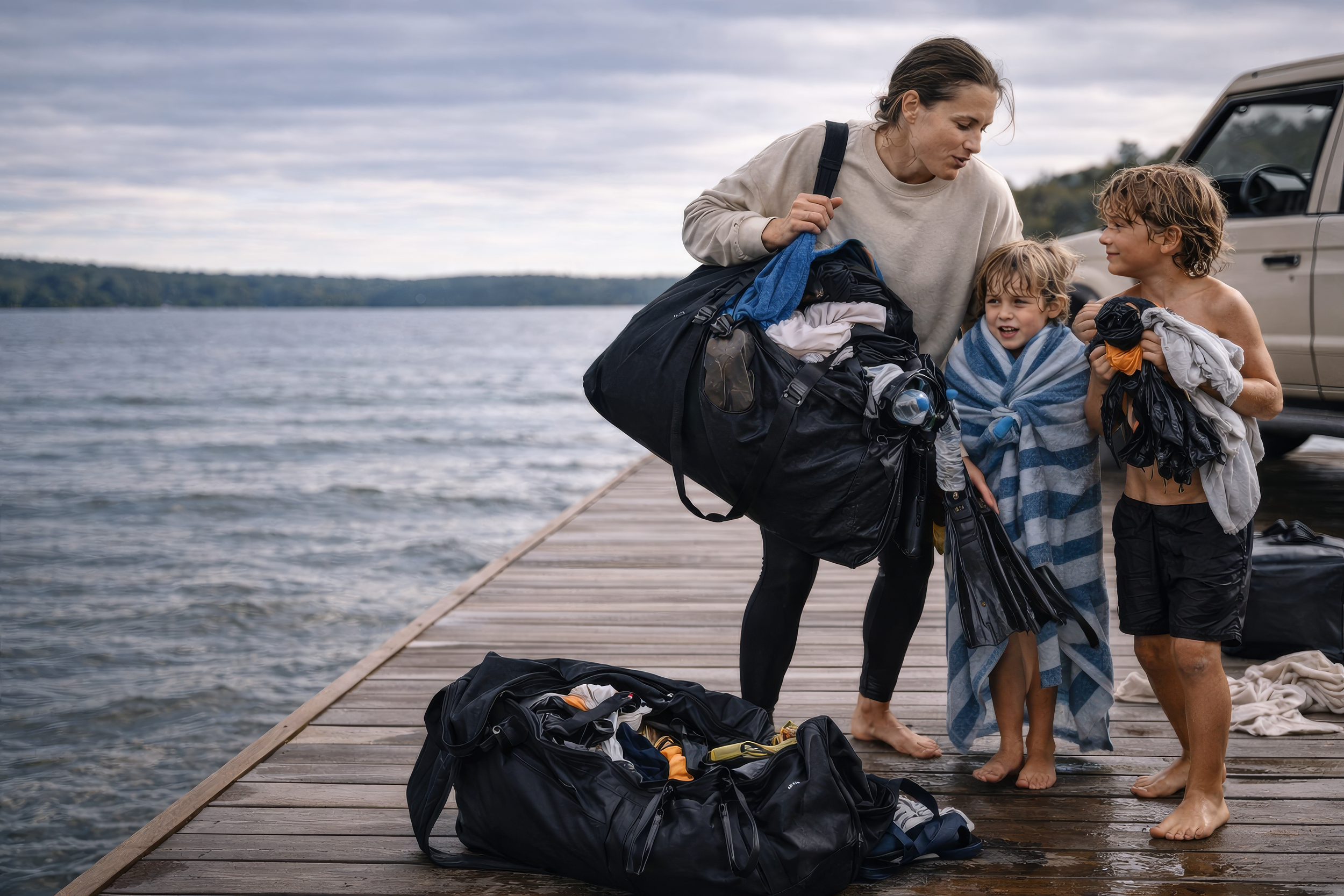 Mother and two children packing up on a dock by the lake with gear overload