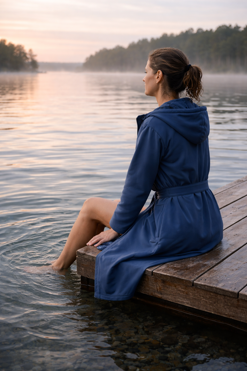 Person wearing the black AFTERTIDE recovery robe on a dock at sunset by the lake