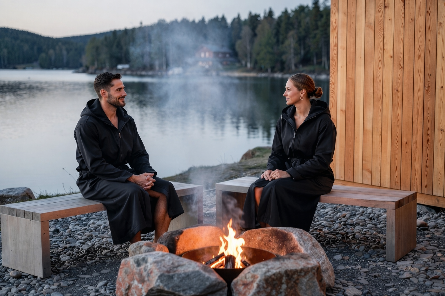 People wearing AFTERTIDE recovery robes after water activity by lakeside fire