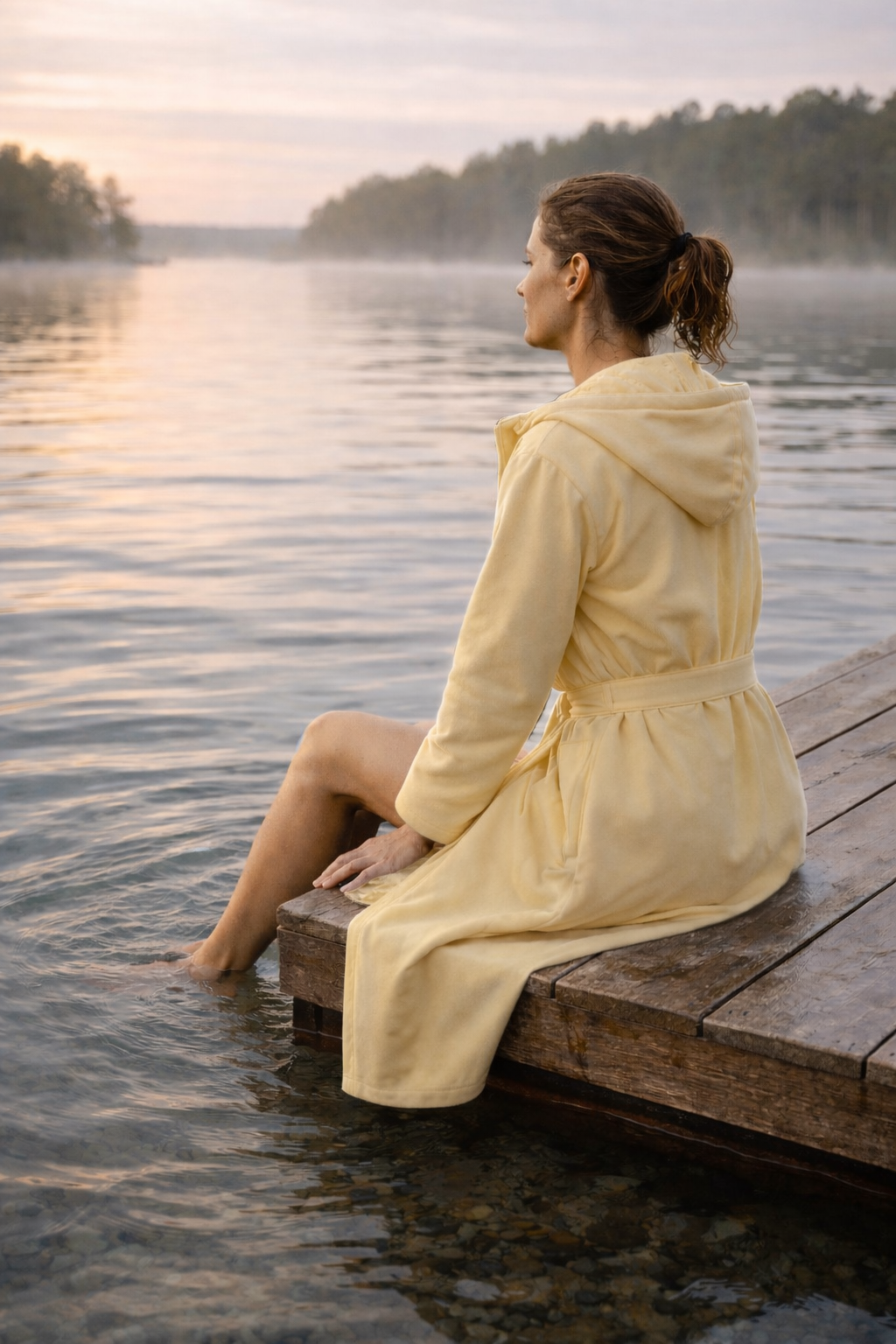 Person relaxing in AFTERTIDE recovery robe after water activity at lake