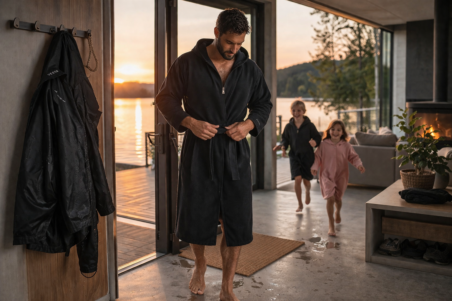 AFTERTIDE recovery robe for home use after swimming with children by the lake