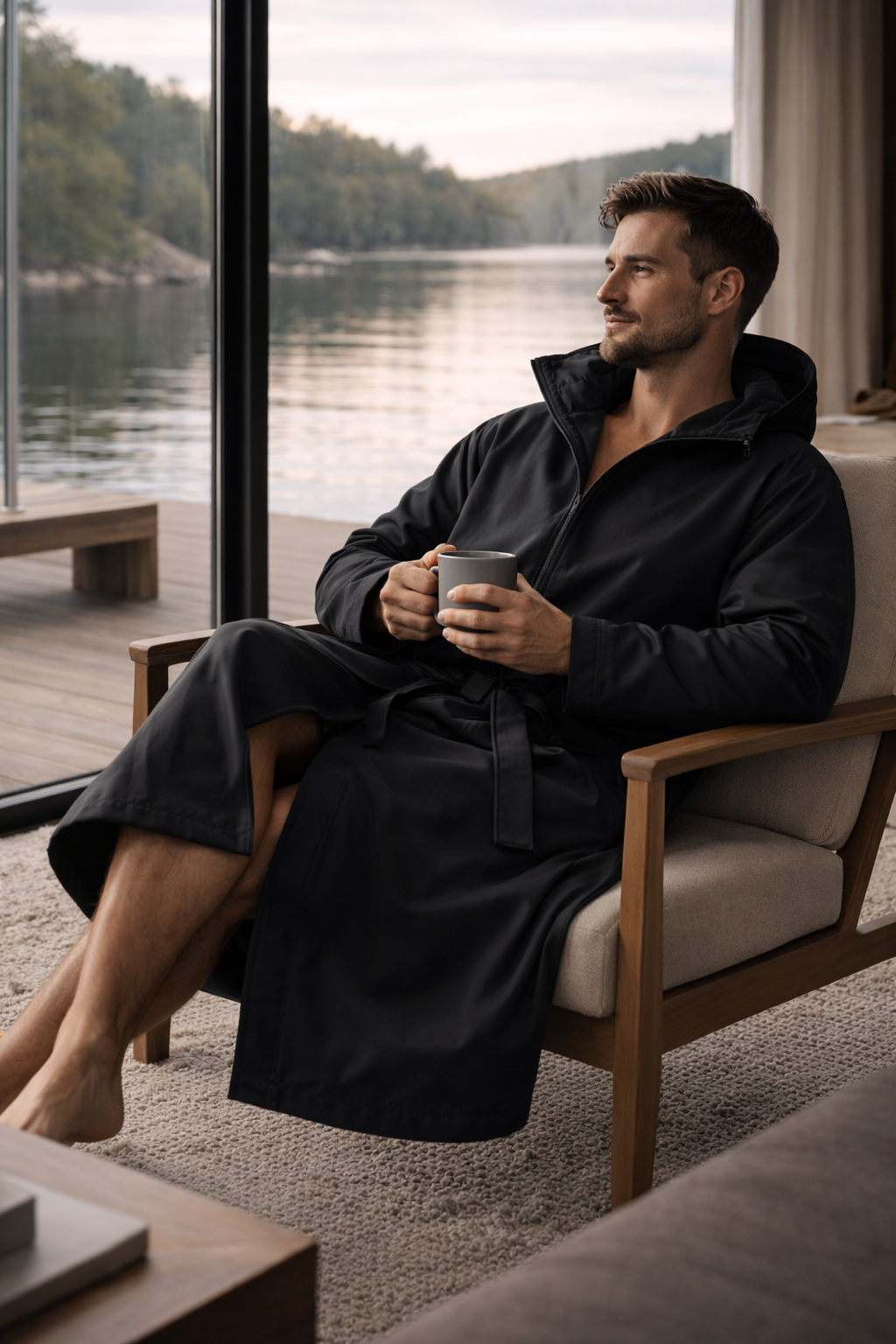 Person wearing AFTERTIDE recovery robe at home after water recovery