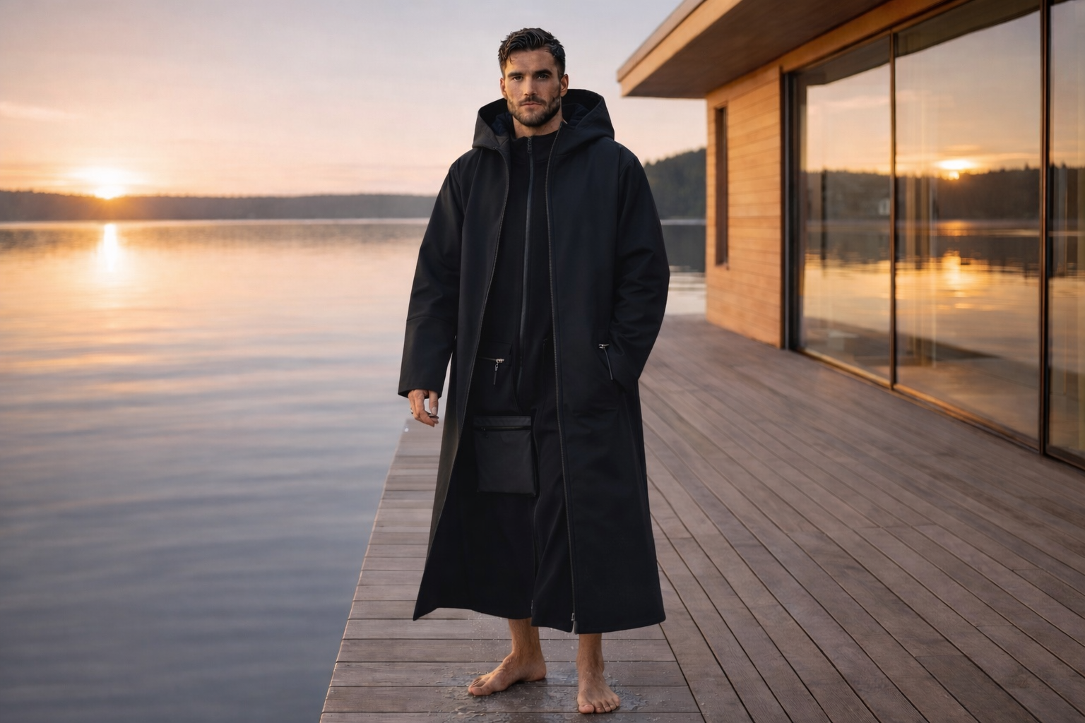 Person wearing AFTERTIDE recovery robe at lakeside after water activity