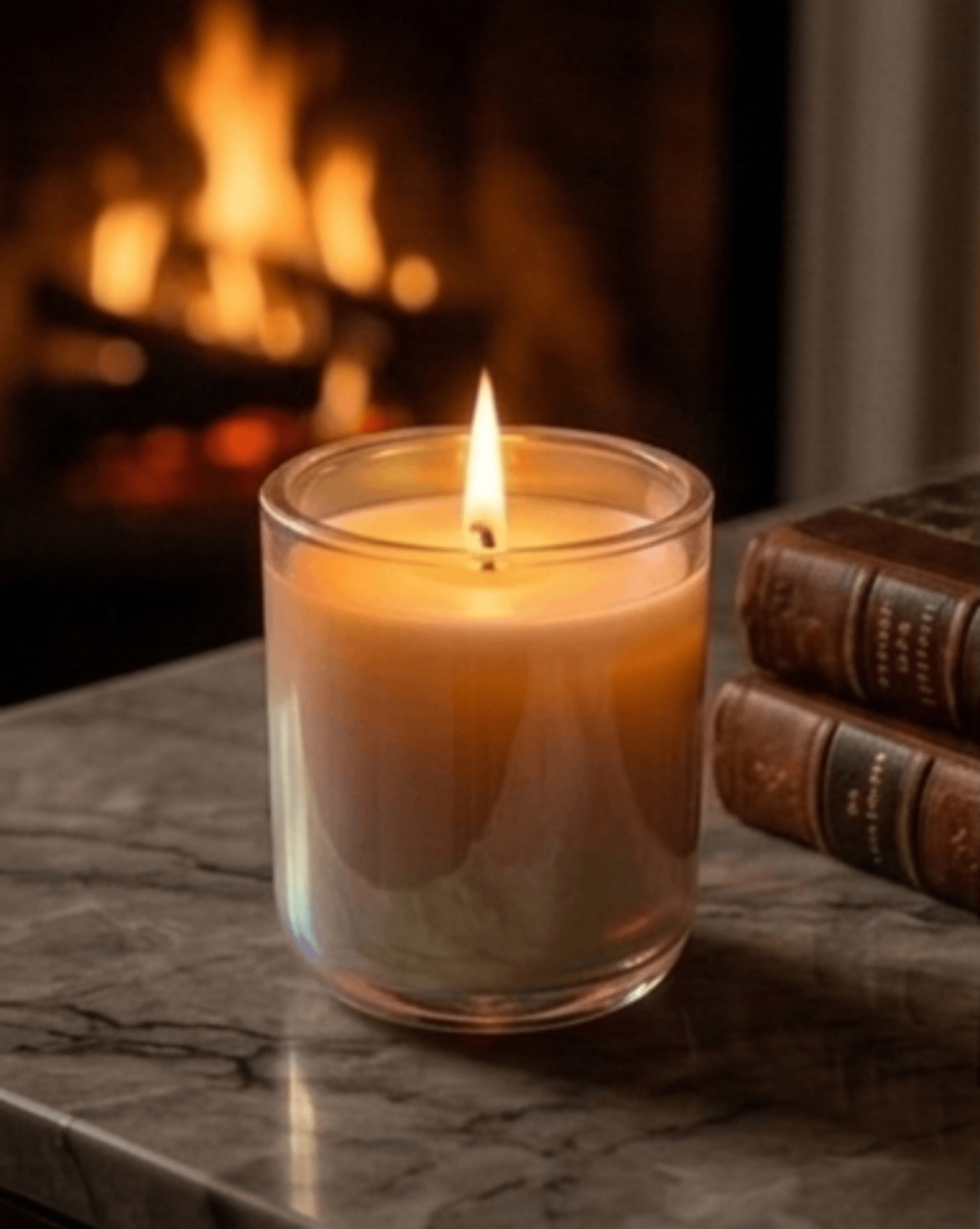 Cozy Ember handmade soy candle in Iridescent vessel