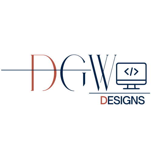 Logo for DGW Designs with stylized text and a computer monitor icon showing code brackets.