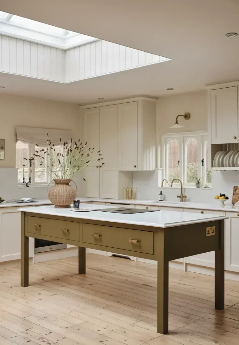 Bright kitchen with white cabinetry, a central island with a beige drawer unit, a large vase with dried flowers, and a skylight overhead.