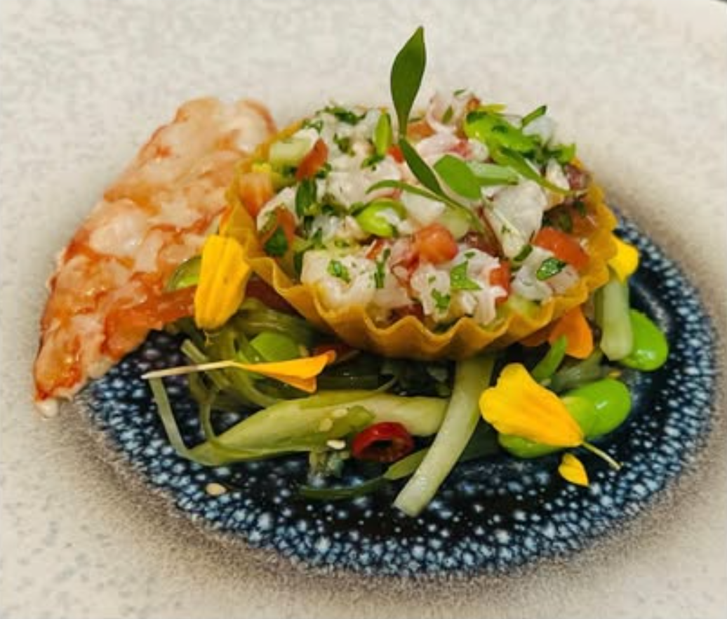 Prawn Ceviche Tartlet, Avocado Mouse Strawberry, Edamame, Lime, Yuzu, & Seaweed