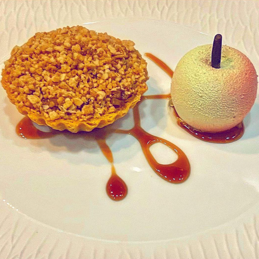 Apple Crumble Tart, Stewed Apple & Liquid Caramel Centre, Calvados Caramel & Apple Parfait