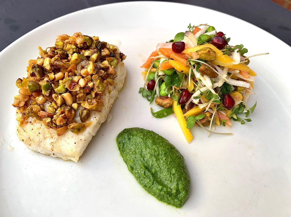 Pistachio & Pine Nut Crusted Halibut, Papaya, Mango & Coconut Salad & Coriander Pesto