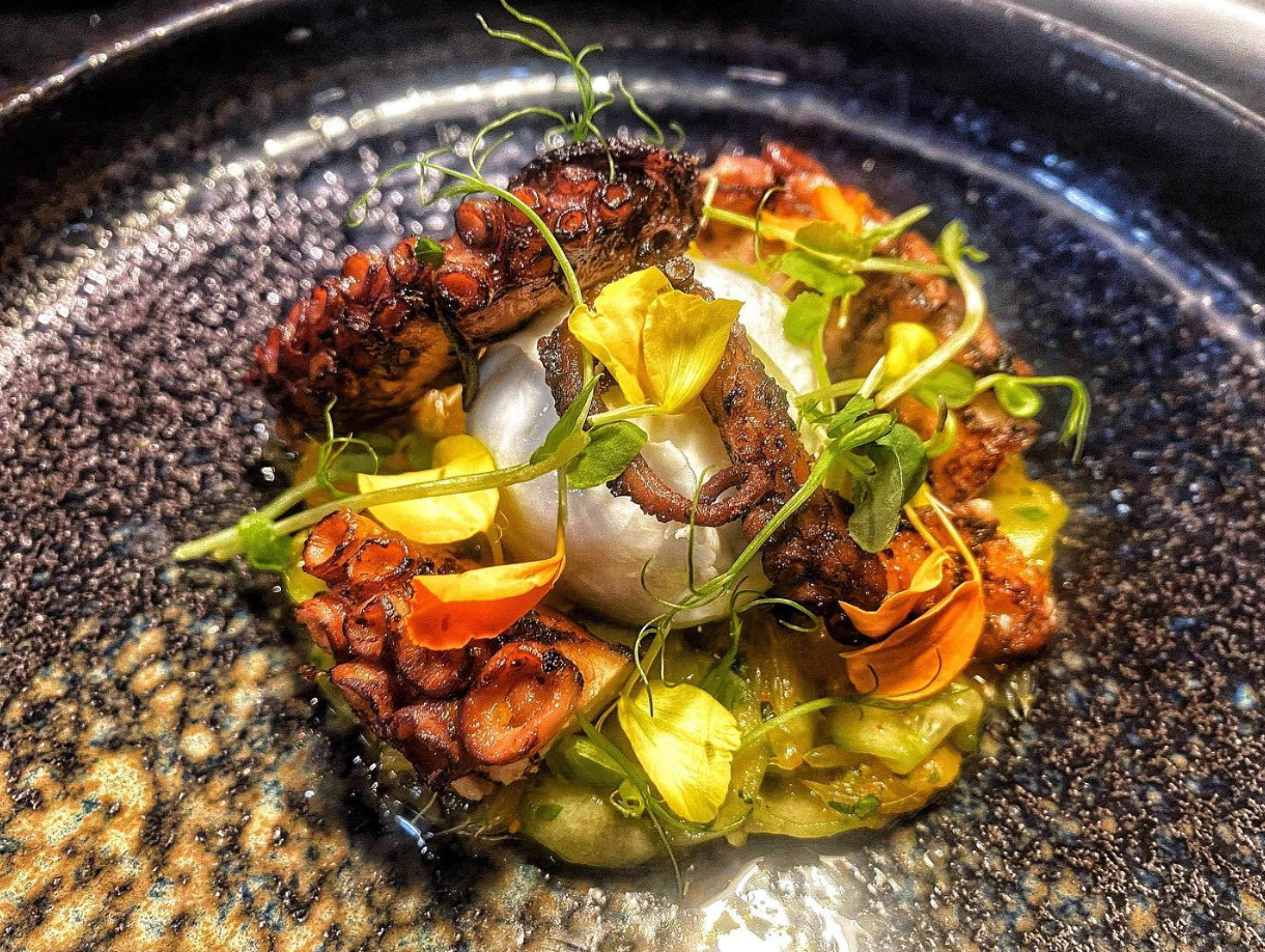 Fusion Inspired Sous Vide & Char Grilled Octopus, Served with Baby Burrata, Chinese Style Cucumber & Orange Salad.