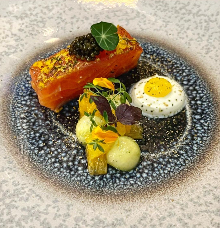 Whisky & Orange Cured Salmon, N25 Caviar, Crème Fraîche, Orange Gel & Pickled Cucumber & Orange Salad