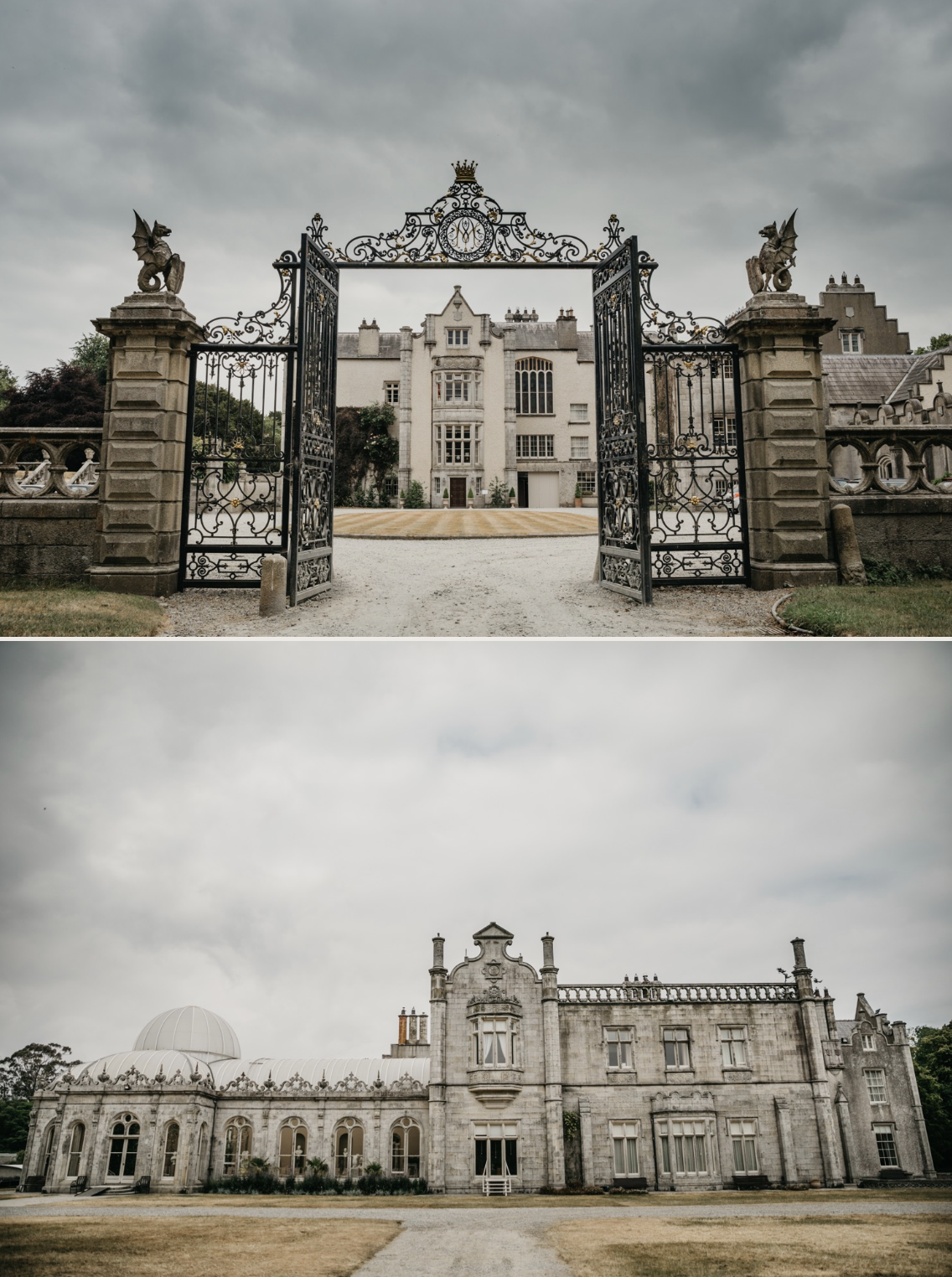 Two images of large, historic castles with cloudy skies overhead. The first castle has an ornate wrought iron gate, stone pillars with dragon statues, and a white stone facade. The second castle features a grand, old stone exterior with a rounded dom