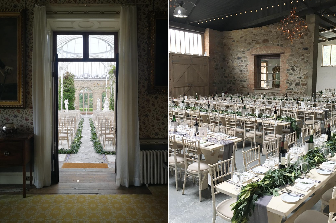 Split image showing an elegant outdoor garden with rows of chairs and classical statues on the left, and a decorated indoor banquet hall with long tables, chairs, wine bottles, and greenery on the right.