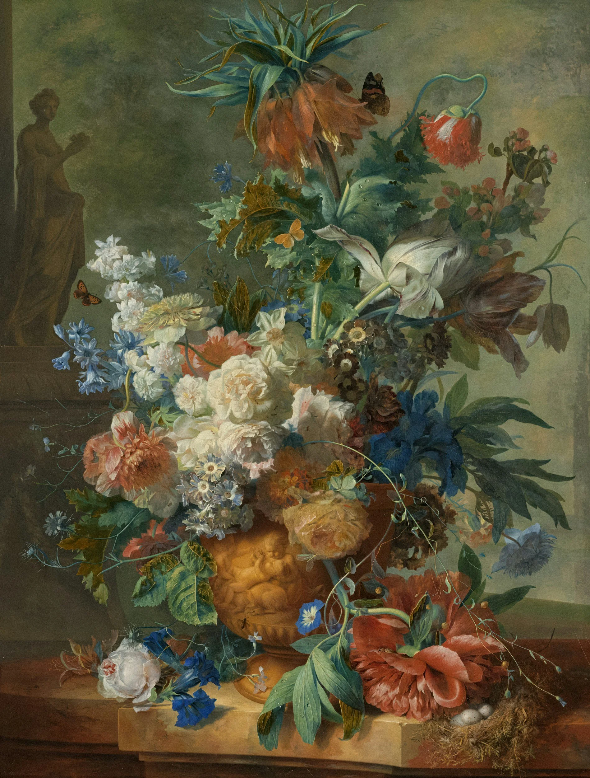 A detailed still life painting of a large arrangement of colorful flowers in a decorative vase, with a classical painting of a seated figure in the background.