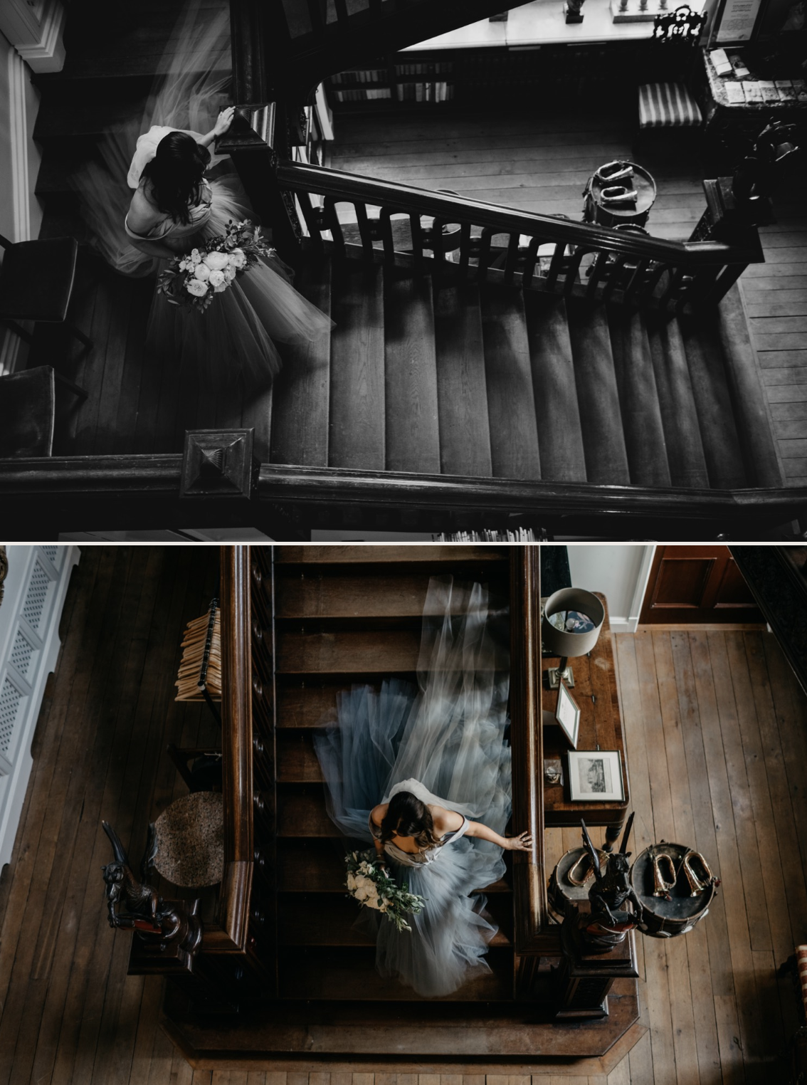 A bride is standing on a staircase, holding a bouquet of flowers, with her wedding dress flowing around her. The photo is taken from above. The scene includes shoes and framed pictures in the background.