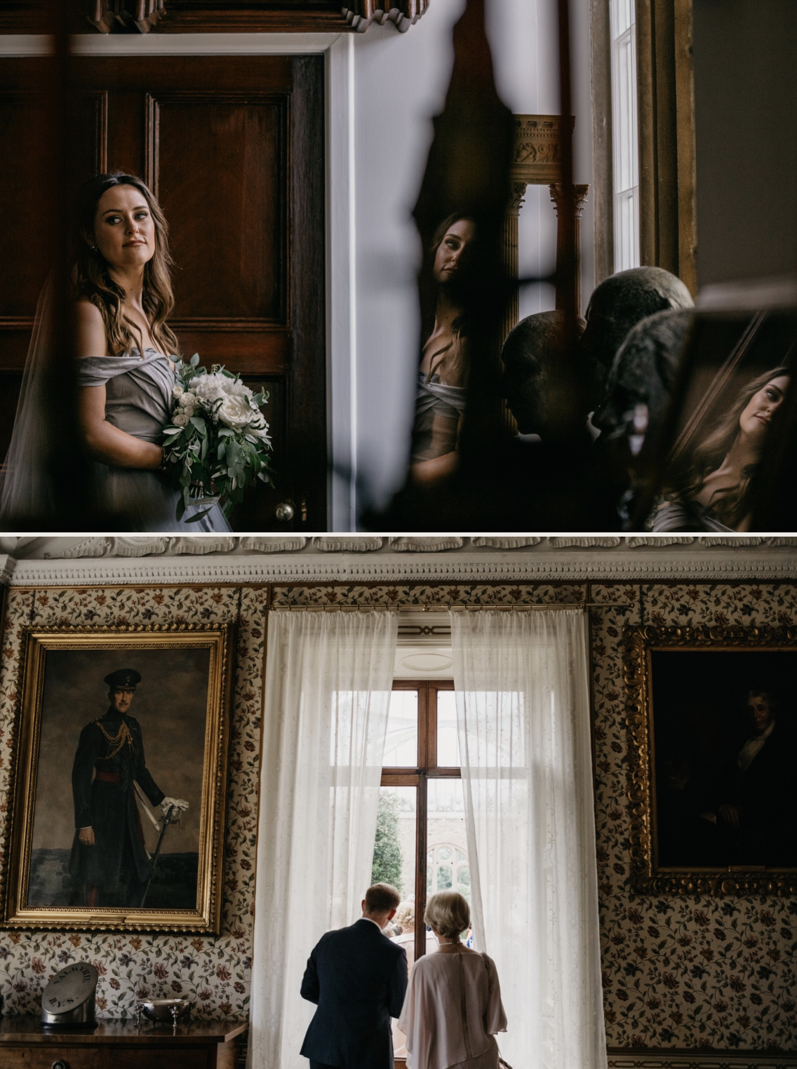 Top image: A woman dressed as a bride, holding a bouquet, standing by a window with a mirror reflecting her. Bottom image: A man and a woman, seen from behind, standing by a large window in a room with ornate wallpaper and framed portraits.