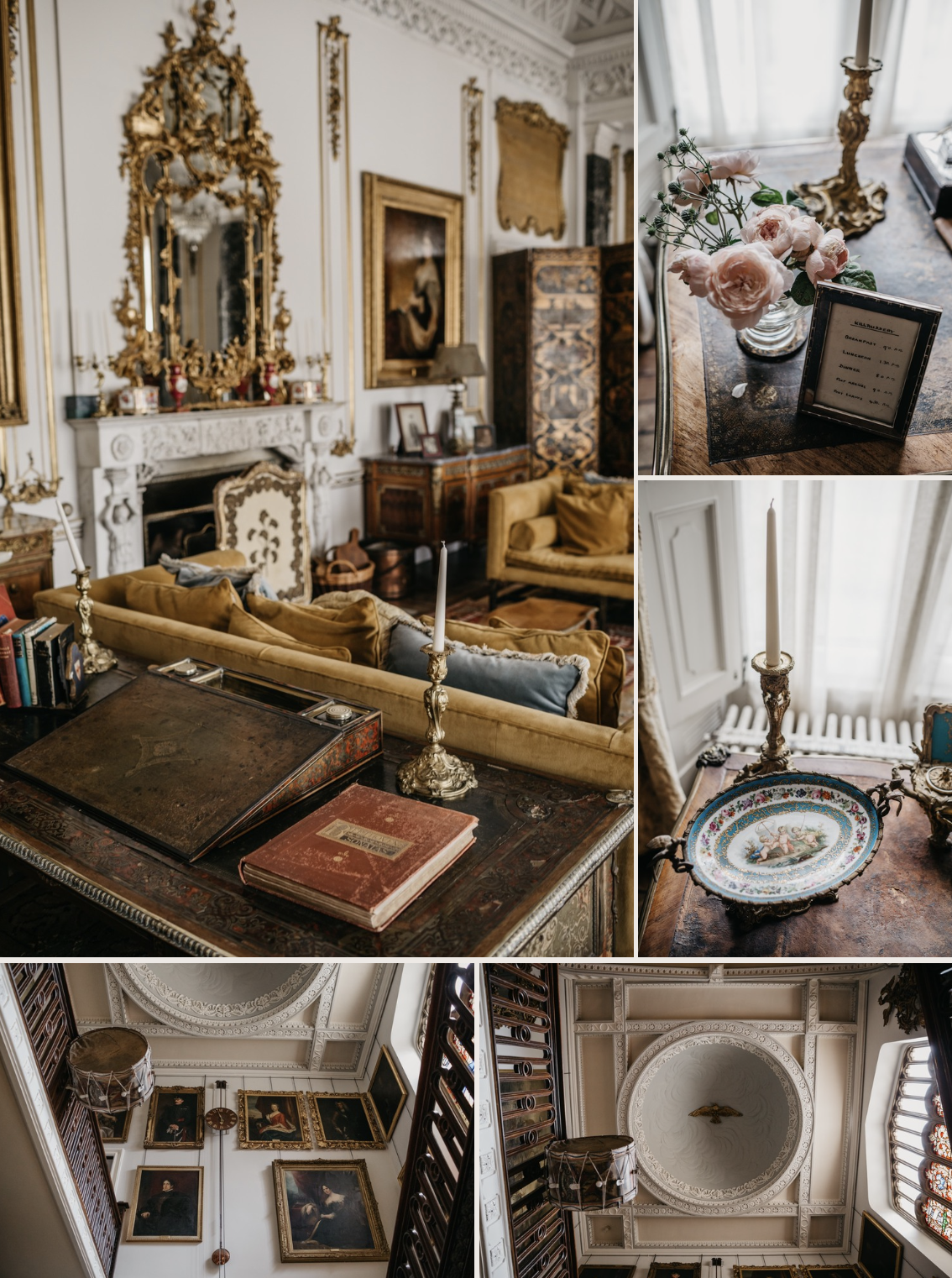 A collage of five photos showcasing an elegant, ornately decorated interior with vintage furniture, classic artworks, decorative plates, and detailed architectural moldings.