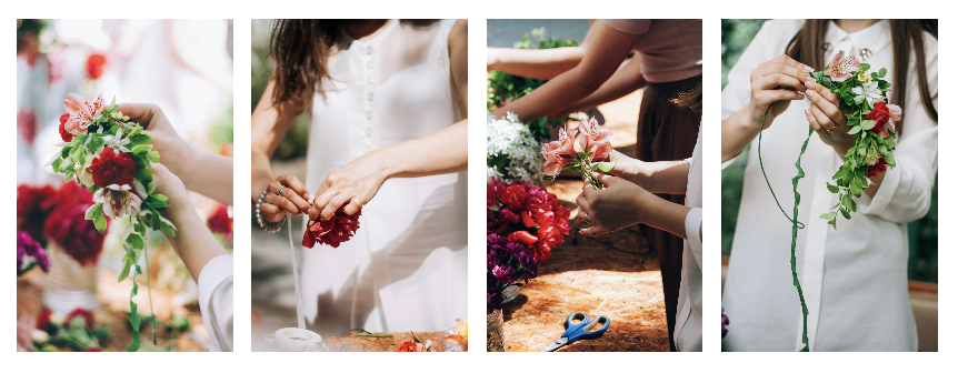 People making floral arrangements with bright pink, red, and white flowers.