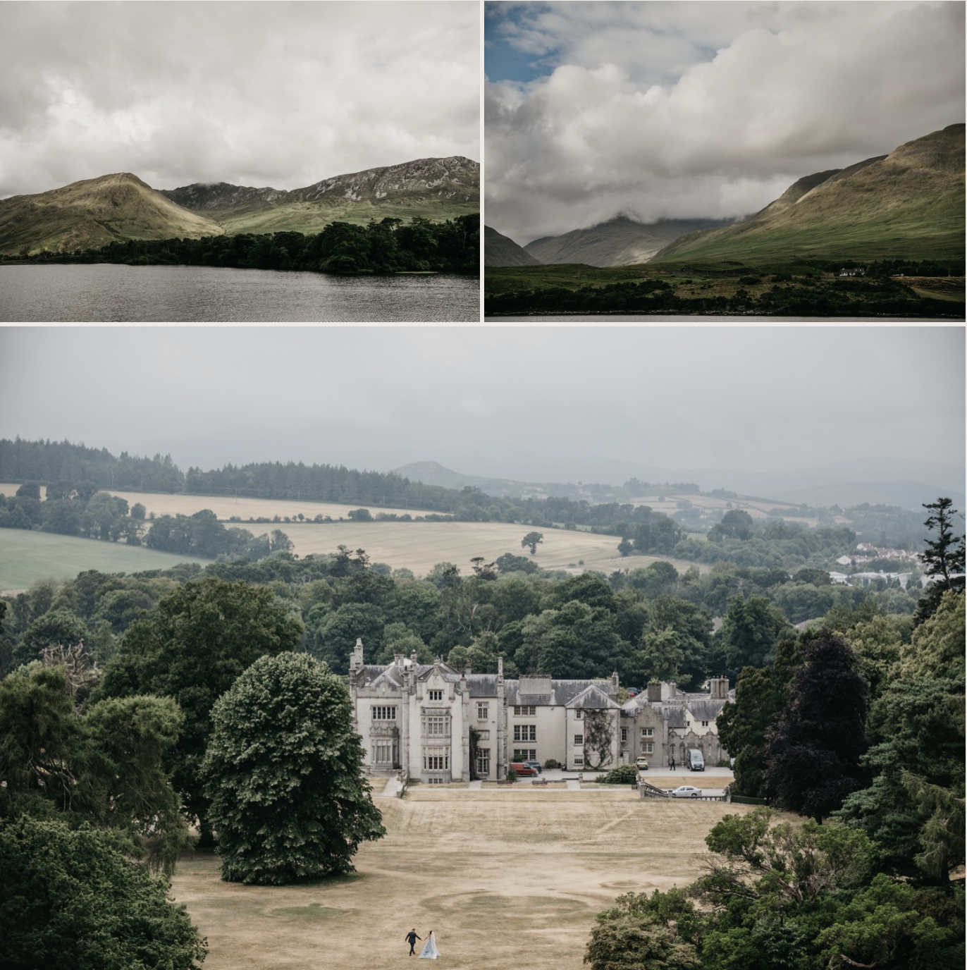 A collage of three scenic landscape photos. The top two images show mountains with cloudy skies and green slopes near a body of water. The bottom image features a large historic mansion with a courtyard, surrounded by lush green trees and a well-main