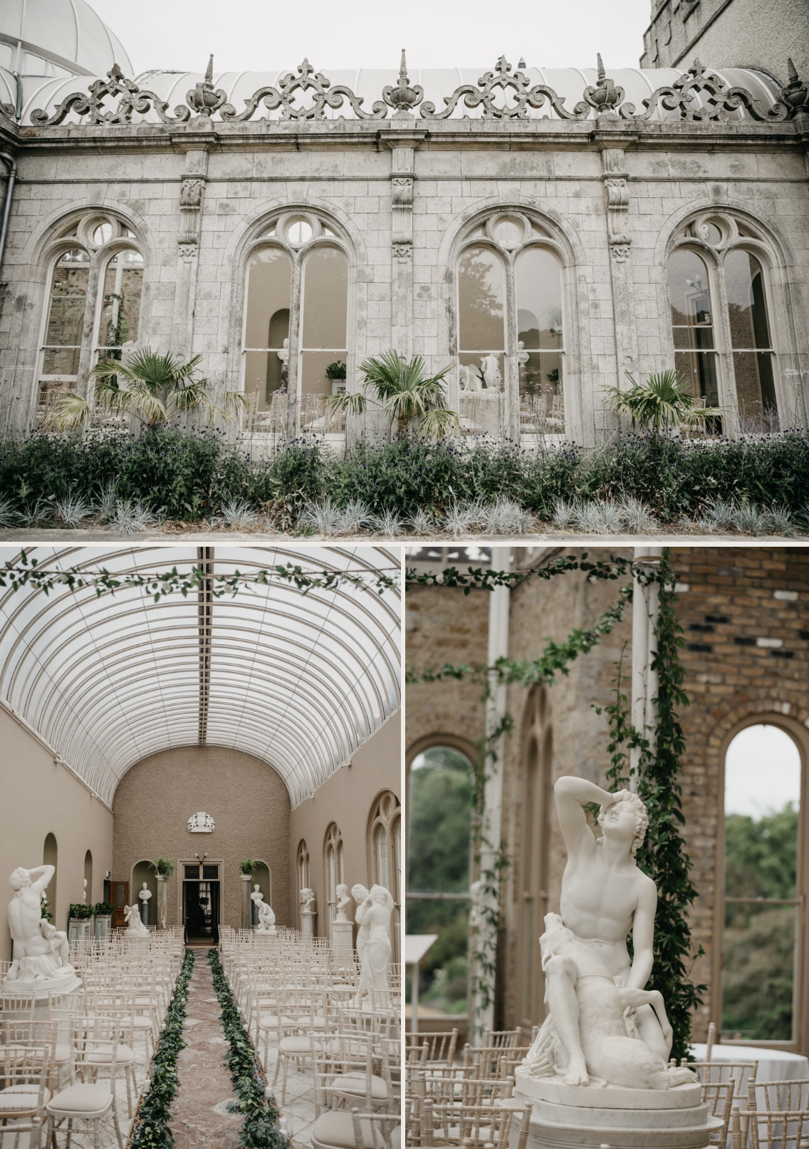 A historic building with ornate stone architecture and large arched windows, a garden with greenery in front, an indoor ceremony space with classical sculptures and a high glass ceiling, and a close-up of a marble statue of a woman with a dog, surrou