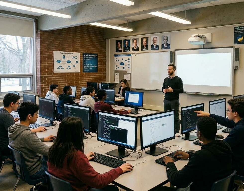 Enseignant donnant un cours à une classe d'étudiants en informatique dans une salle de classe dotée d'ordinateurs et d'un tableau interactif.