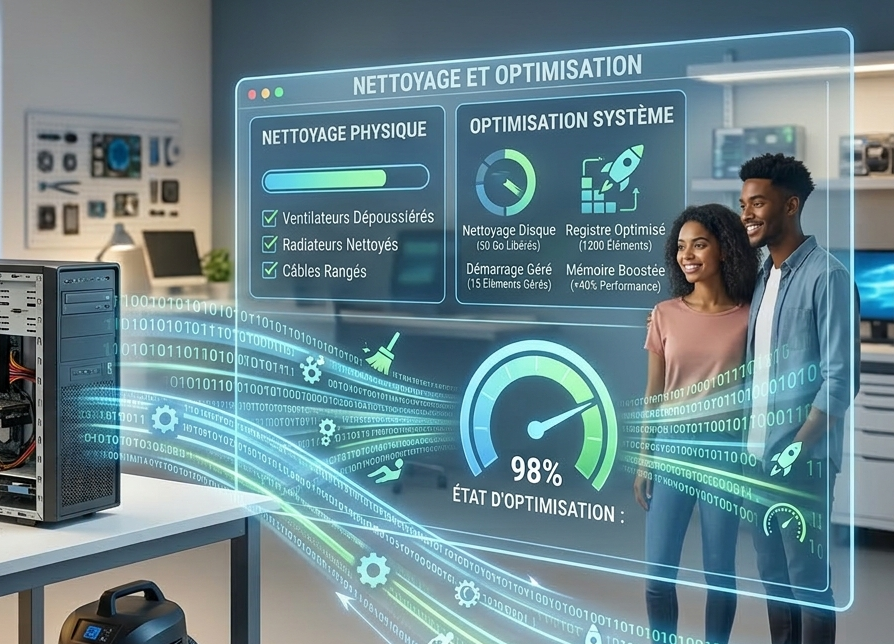 Une image illustrant une interface virtuelle de nettoyage et d'optimisation d'ordinateur avec deux personnes regardant l'écran, en arrière-plan un ordinateur de bureau en train d'être nettoyé.