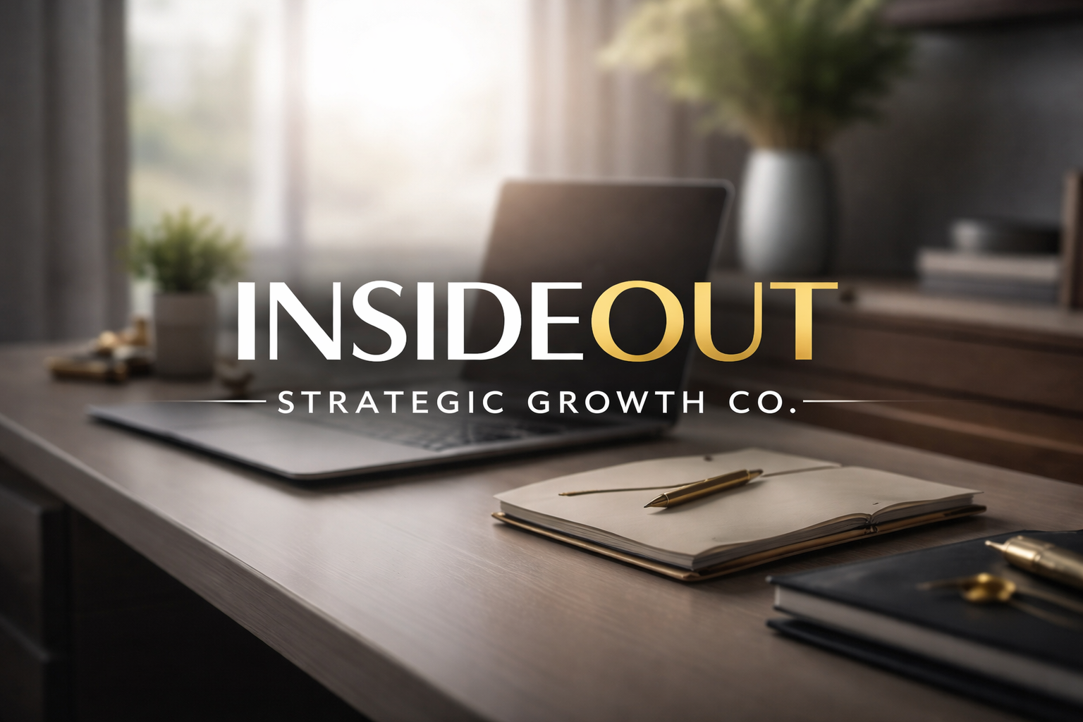 A desk with a laptop, notebook, pen, and a desk organizer, with a window and plants in the background, overlaid with the text 'INSIDE OUT STRATEGIC GROWTH CO.'
