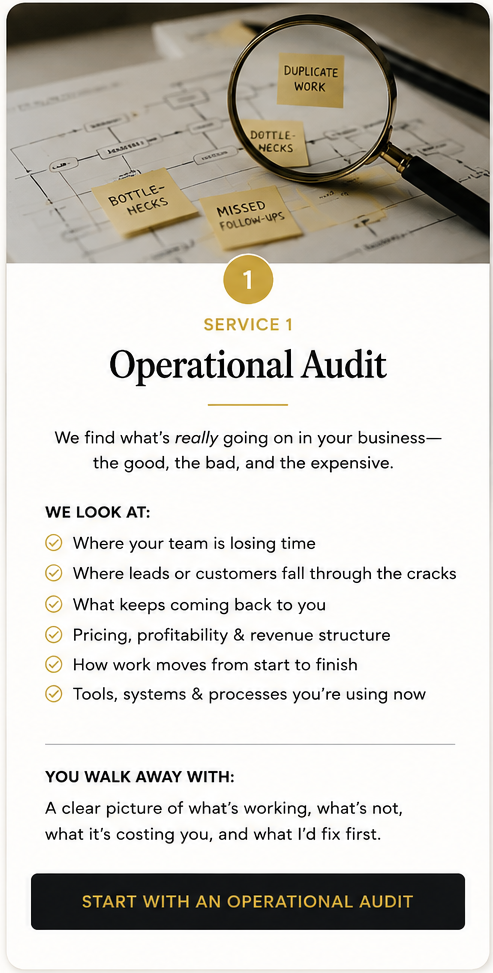 Karissa Bentley reviewing an operational audit that highlights duplicate work, double-checks, missed follow-ups, and business slow downs