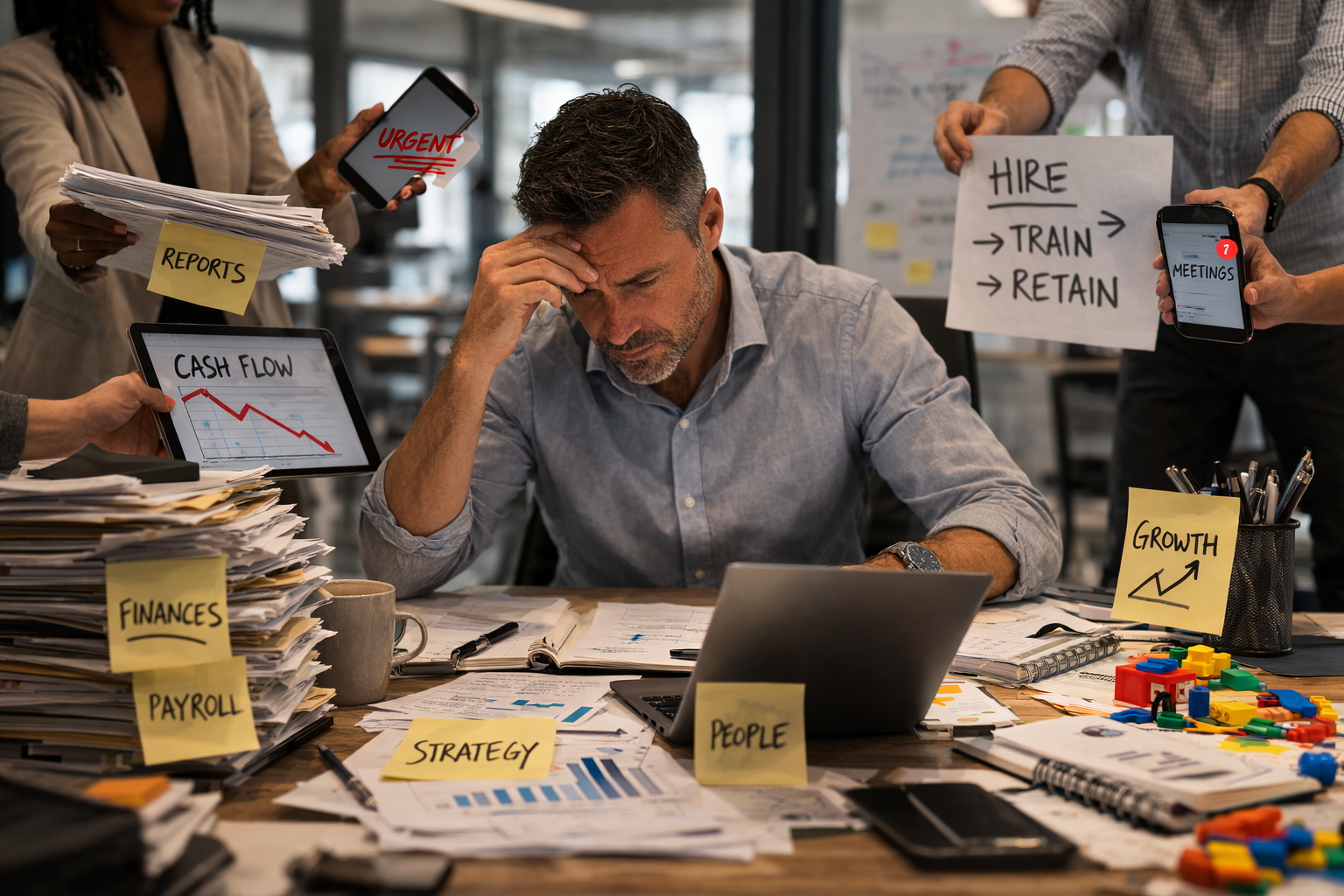 A stressed man sitting at a cluttered desk with financial documents and charts, surrounded by colleagues holding reports, phones, and signs with words like 'urgent', 'reports', 'cash flow', 'finances', 'payroll', 'strategy', 'people', 'growth', and 'hire training retain', indicating a busy, chaotic office environment.