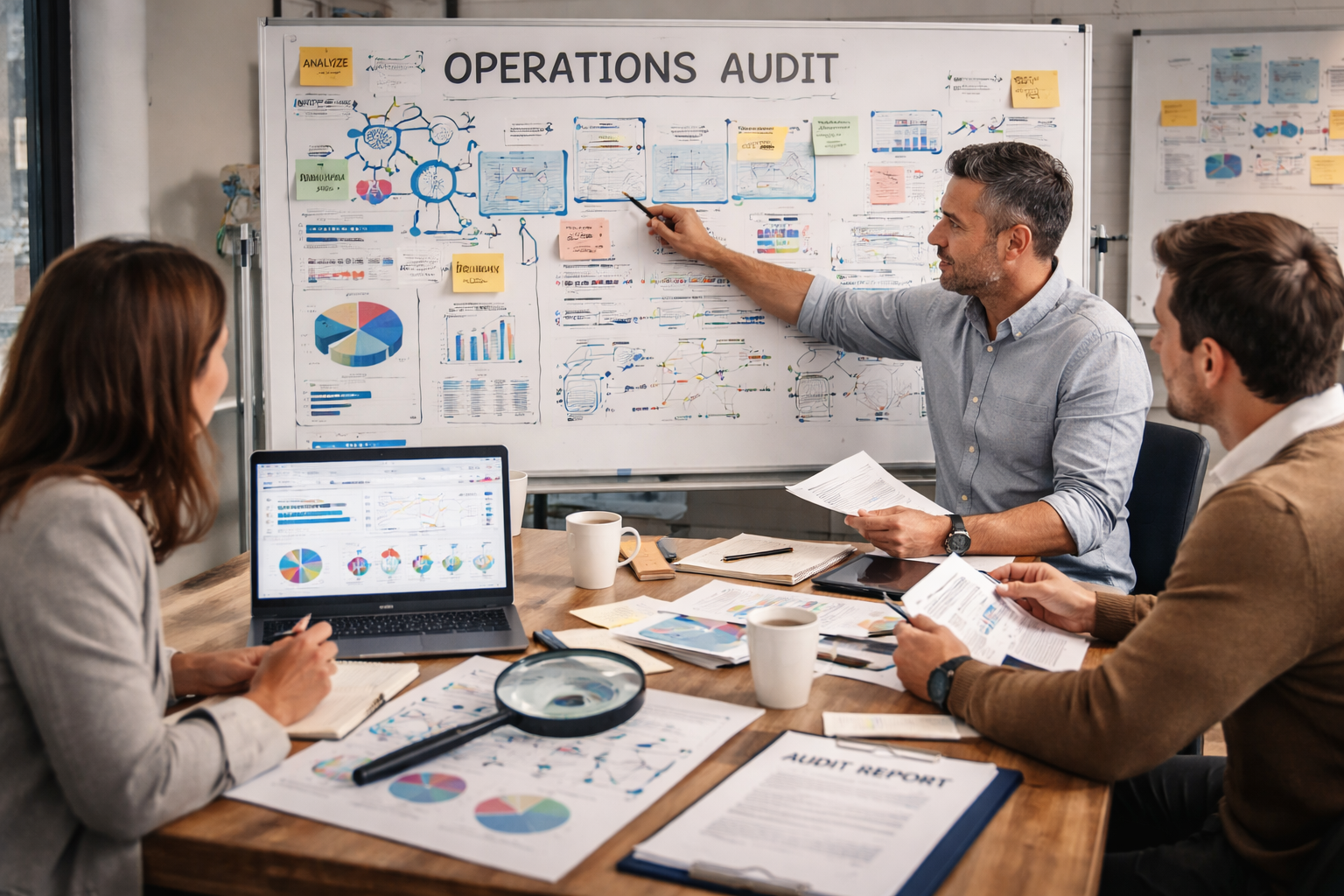 Business meeting in conference room with three people, a presenter pointing at whiteboard with charts, graphs, and diagrams, and a laptop displaying analysis slides.