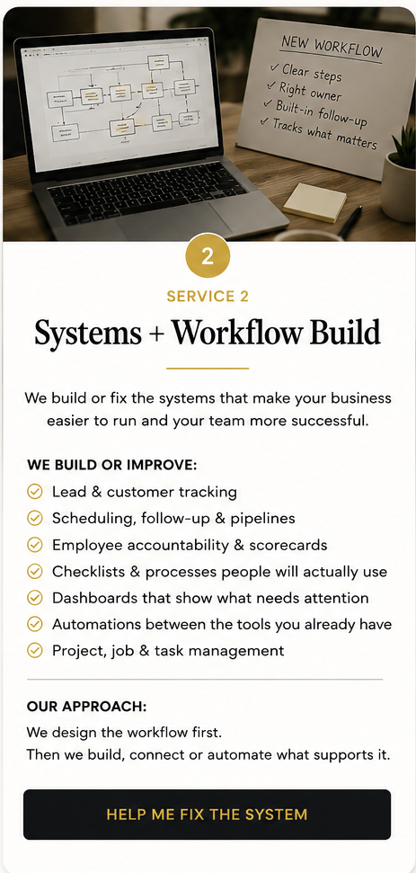 Karissa Bentley’s business systems and workflow service, showing a laptop workflow diagram, handwritten process steps, and details about her hands-on implementation approach.