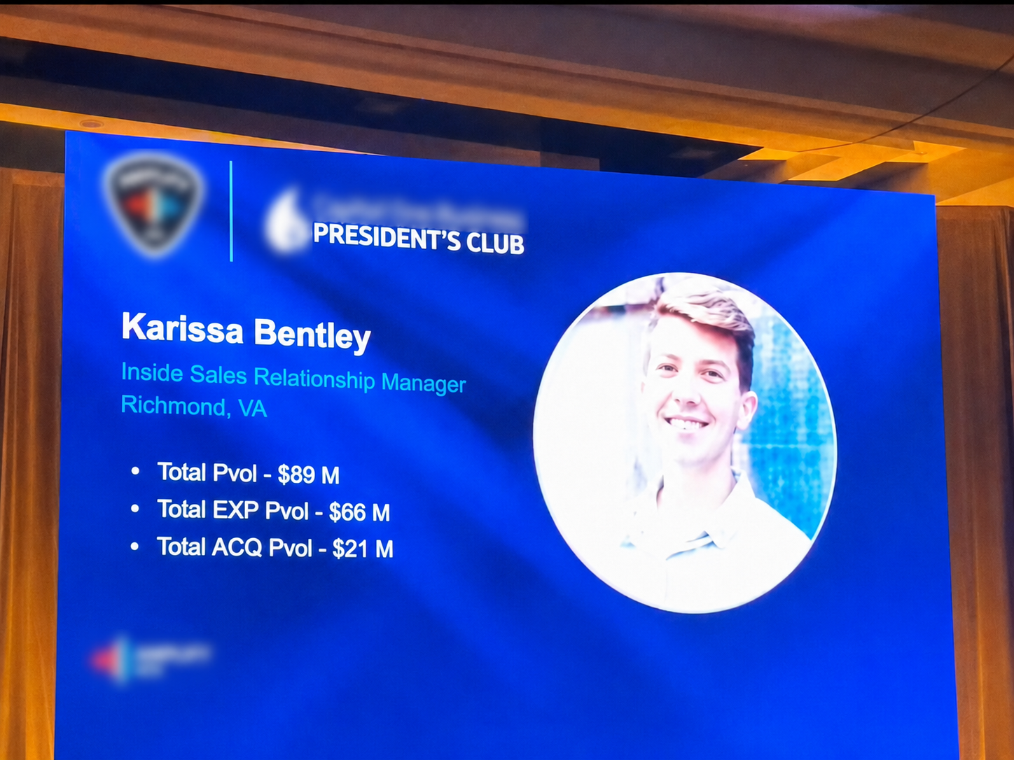 Presentation slide displaying the profile of Karissa Bentley, Inside Sales Relationship Manager from Richmond, VA, with her photo and sales performance data.