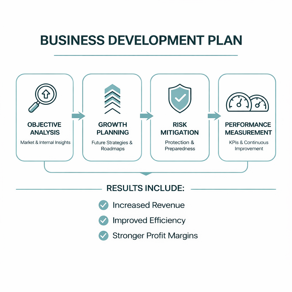 A business development plan diagram outlining four steps: Objective Analysis, Growth Planning, Risk Mitigation, and Performance Measurement, followed by results including increased revenue, improved efficiency, and stronger profit margins.