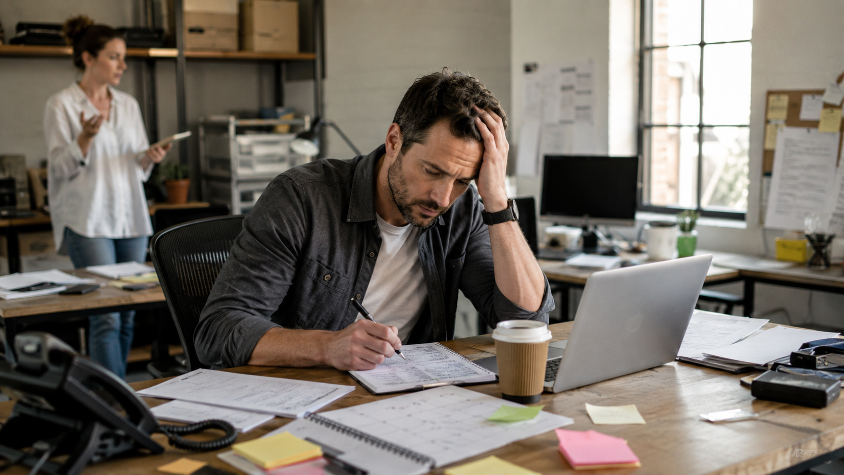 Overwhelmed small business owner reviewing paperwork, schedules and a laptop in a busy office while managing growing day-to-day operations.
