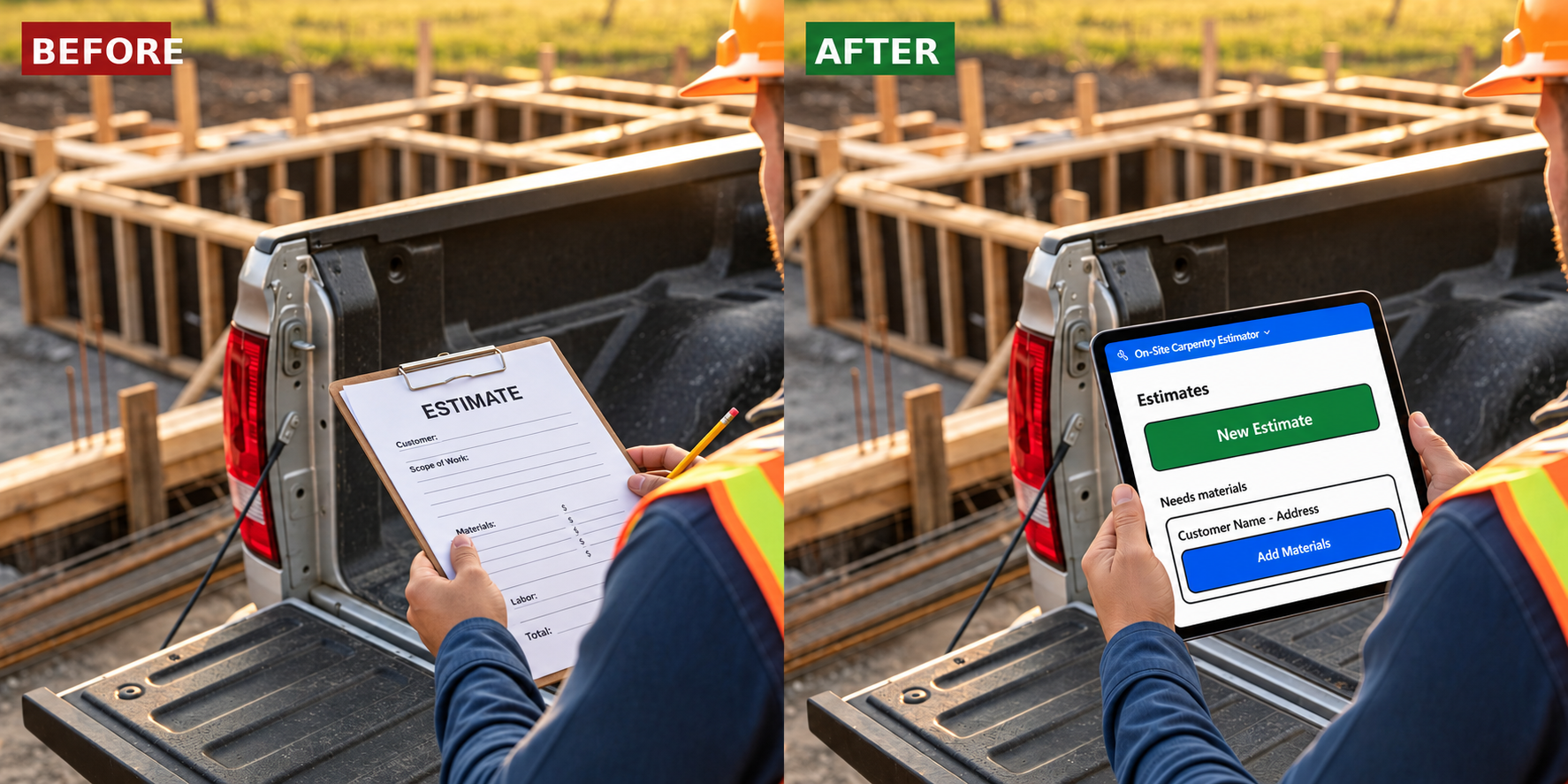 Before-and-after comparison of a contractor using a paper estimate and a tablet-based estimating app to enter customer details and materials on-site.